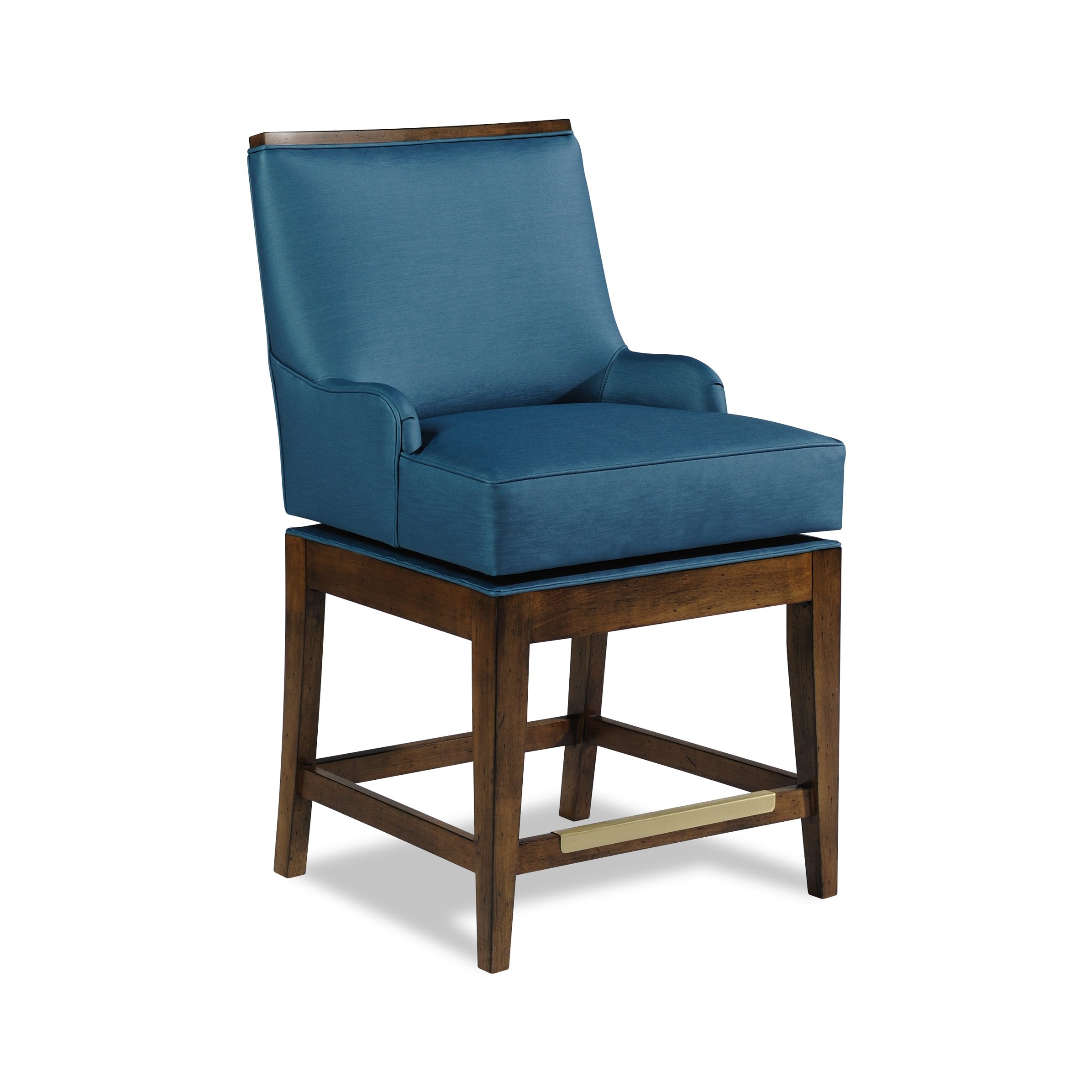 astoria swivel counter stool Elegant blue upholstered counter stool with a wooden frame.