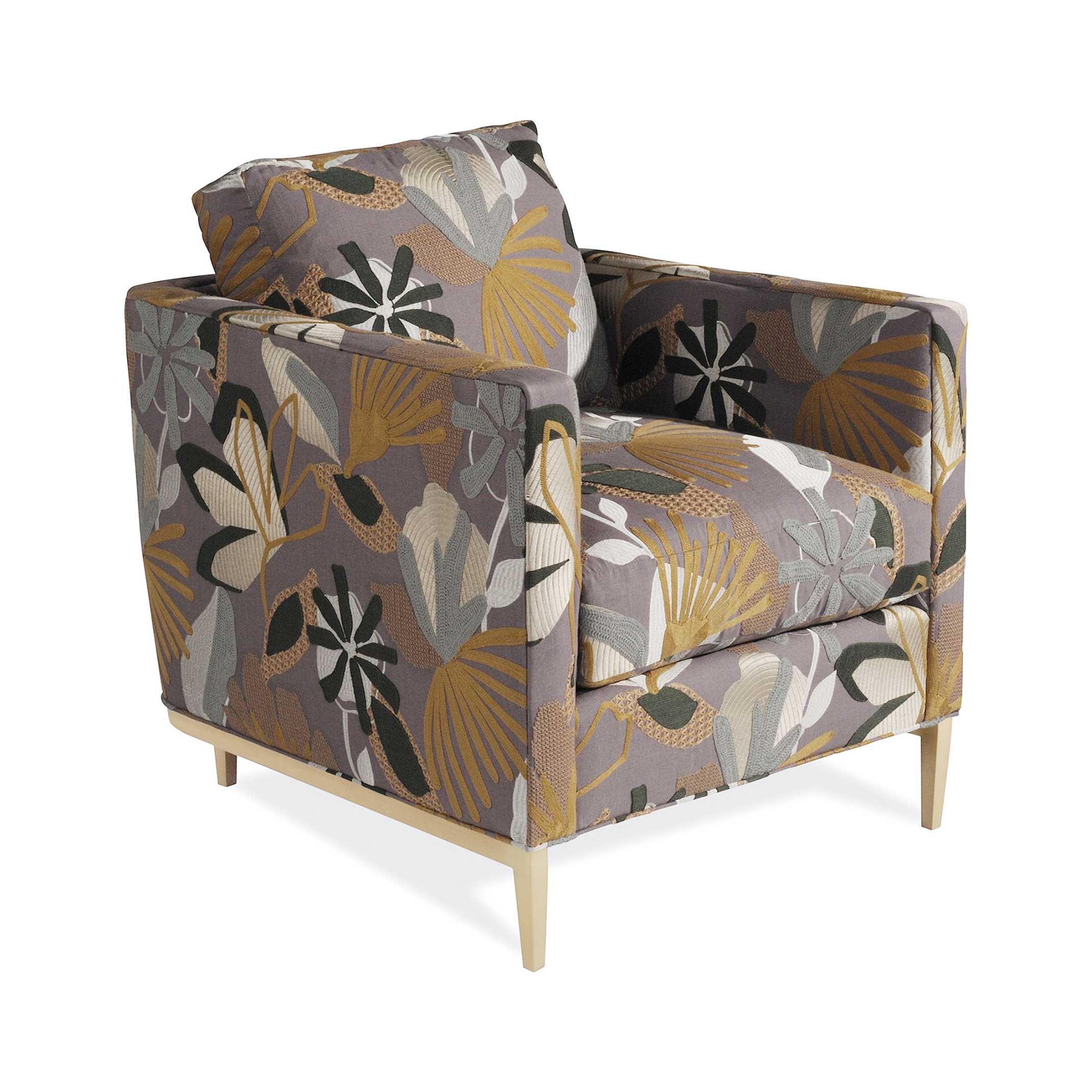 avalon chair Modern armchair with a grey and yellow botanical pattern.
