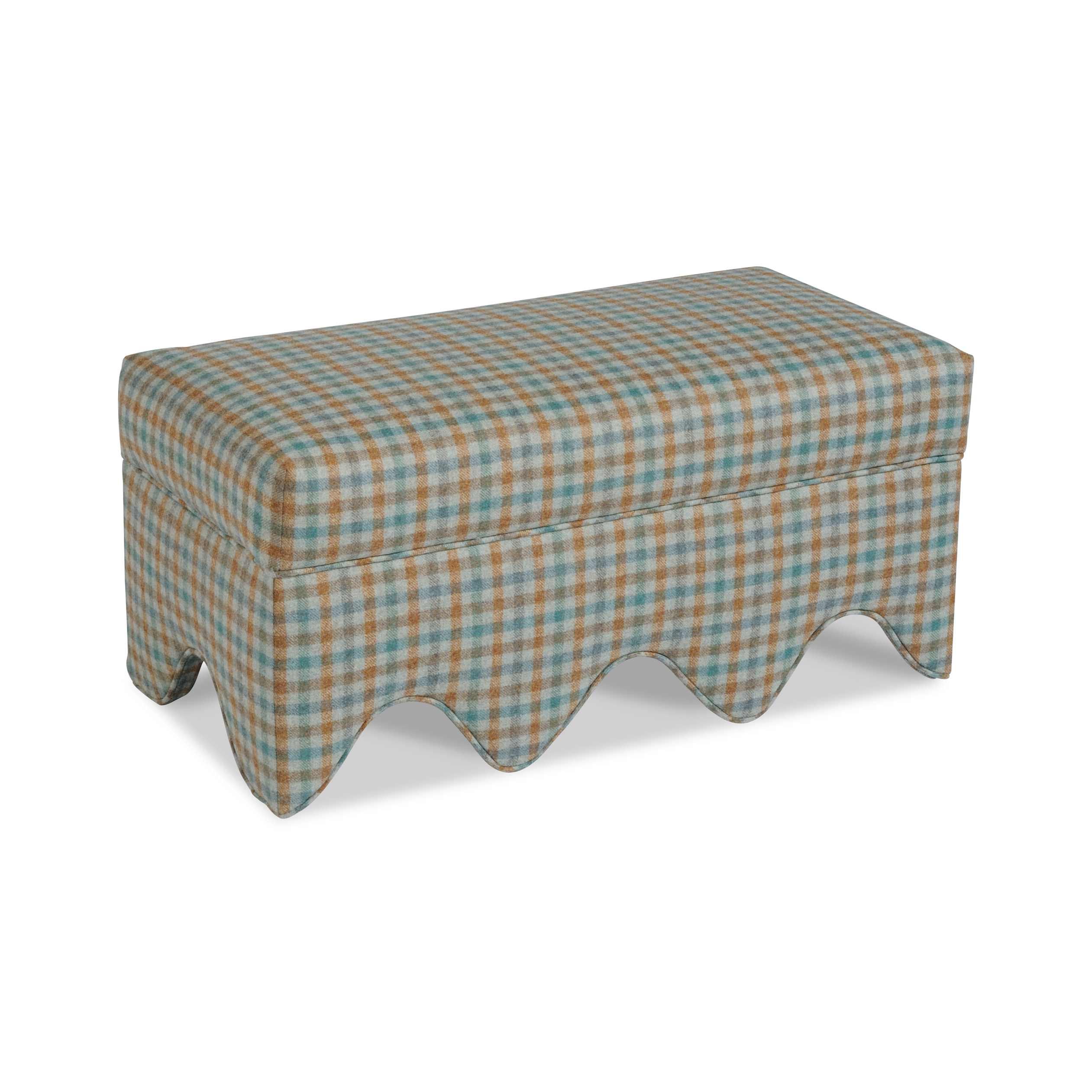 awning ottoman Plaid upholstered bench with a unique scalloped bottom edge.