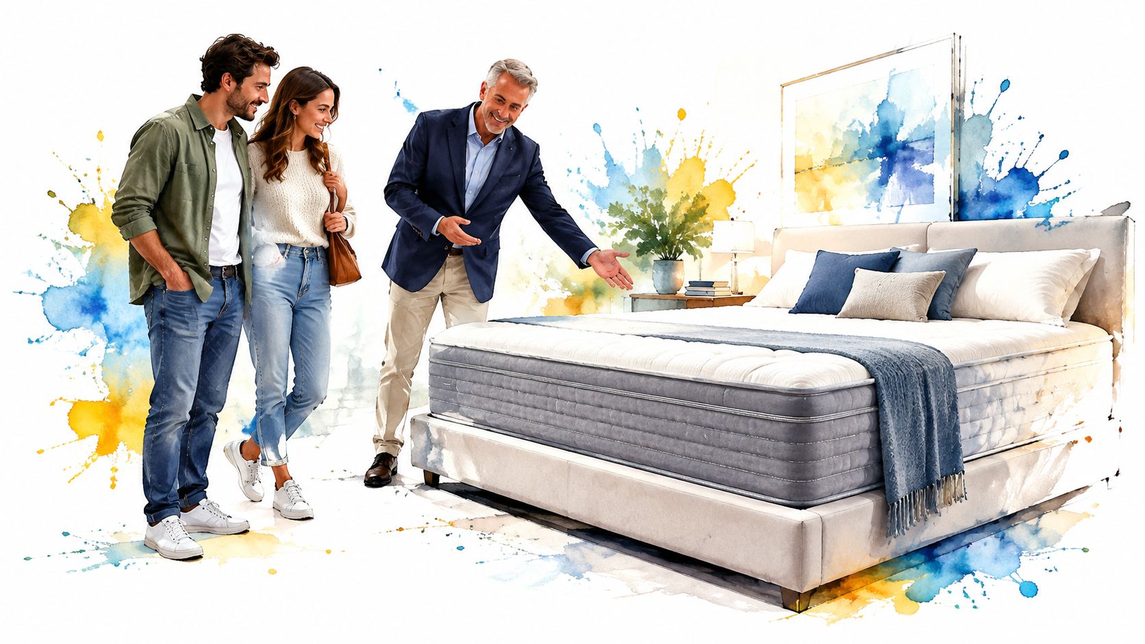 A professional salesperson shows a modern comfortable mattress to a young couple in a bright store.
