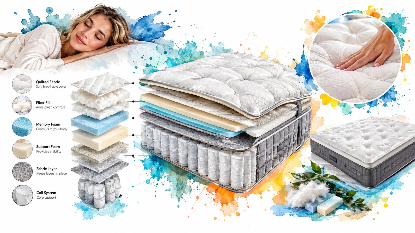 A diagram of a mattress showing its multi-layer construction including coils, foam, and fiber fill.