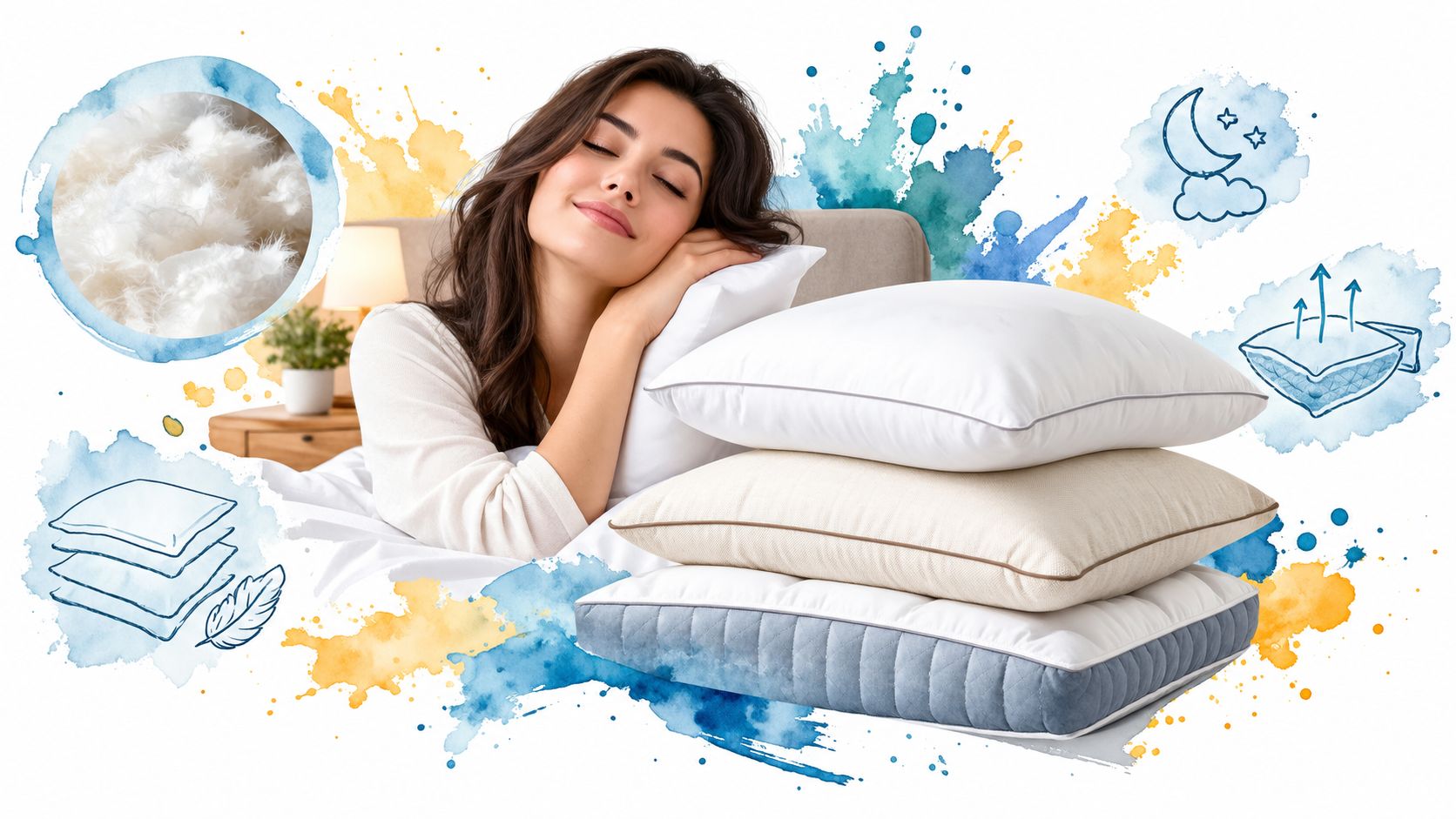 A woman sleeping comfortably next to a stack of three different soft pillows on a bed.