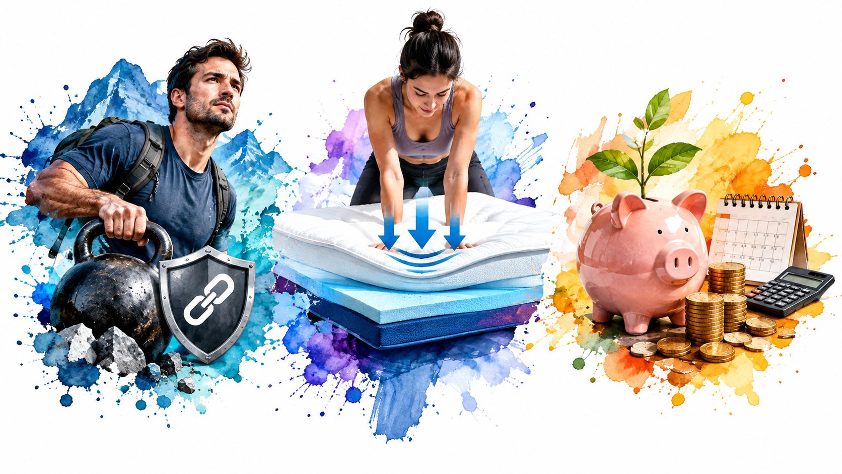 A conceptual image showing athletic, comfort, and financial savings elements related to mattress quality and value.