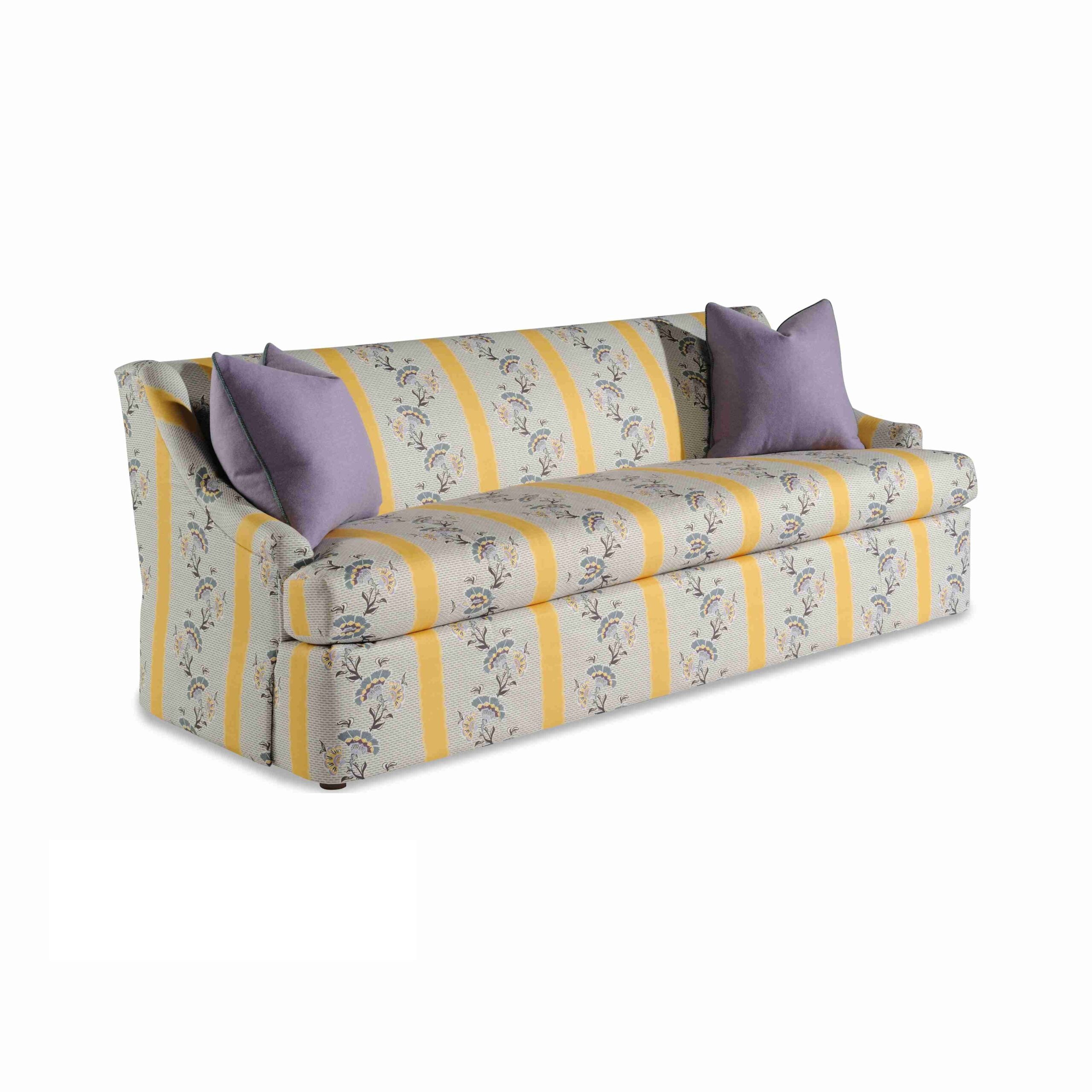 burke sofa Striped floral sofa with lavender pillows on white background.