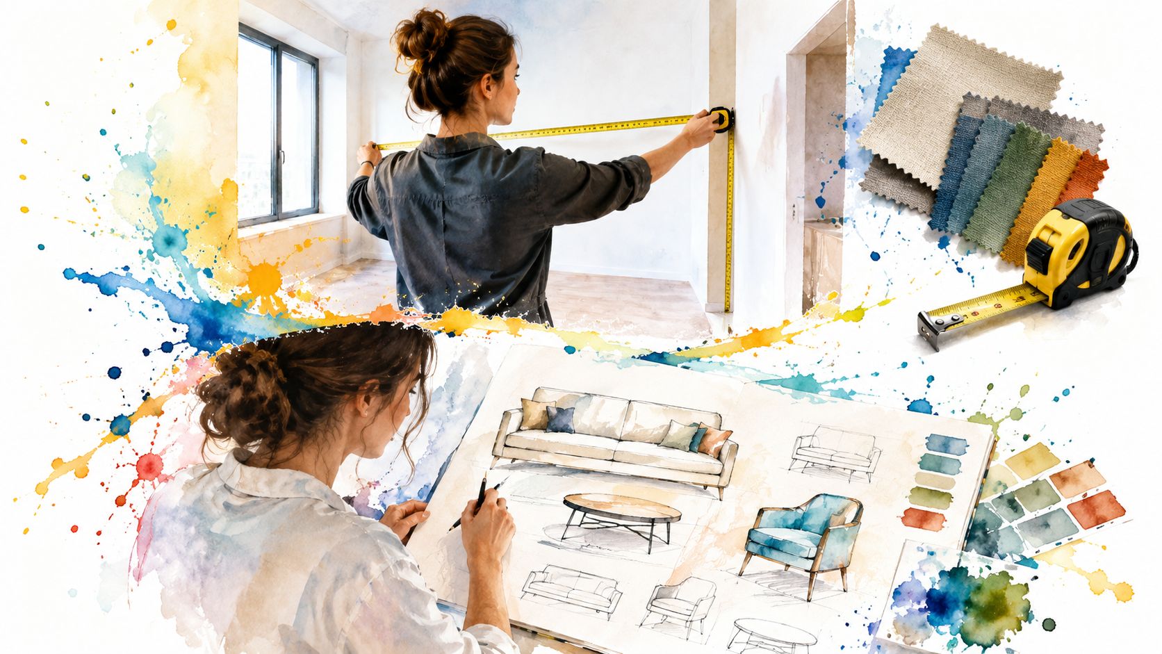 A split image showing a designer measuring a room and sketching custom furniture designs in a notebook.