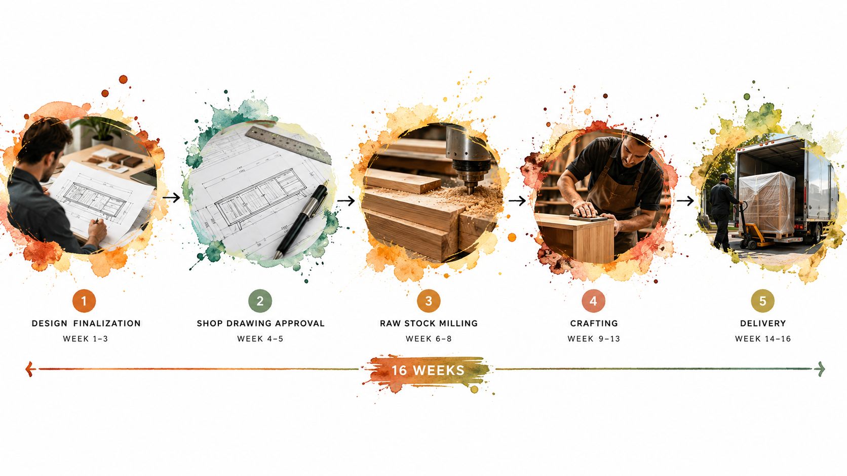 A five-step infographic showing the custom furniture manufacturing process from design finalization to final delivery.