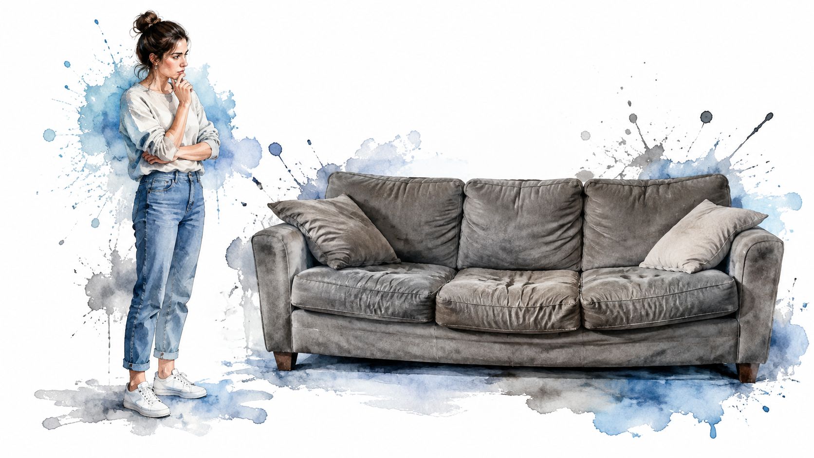 A woman in casual clothes stands thoughtfully contemplating a stylish grey sofa in a watercolor illustration.