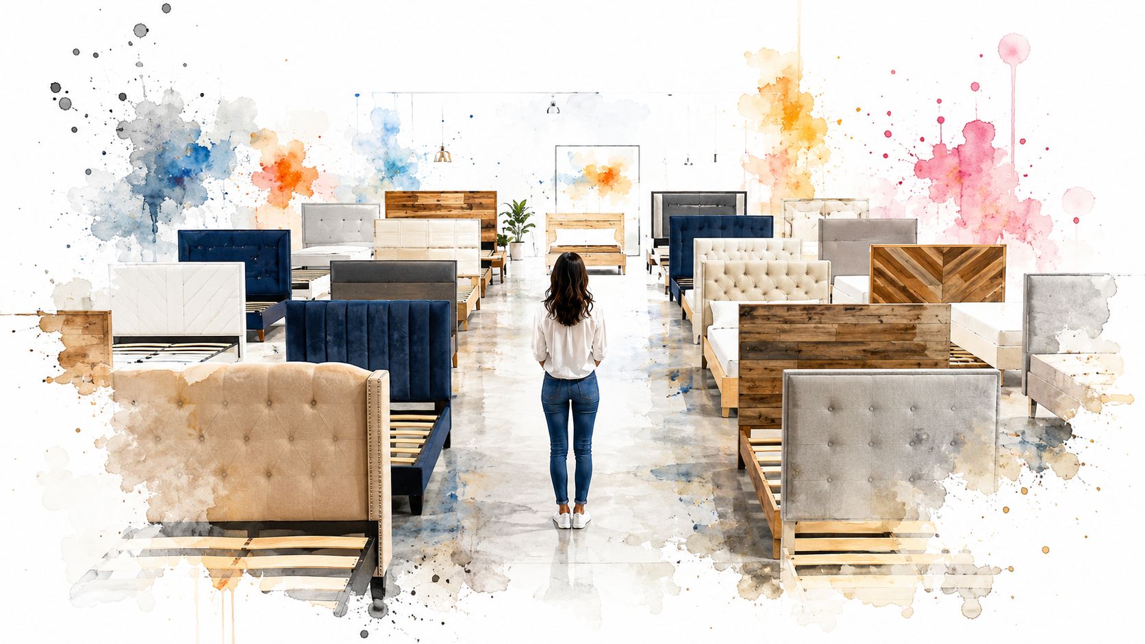 A woman stands in a modern furniture store showroom surrounded by various wooden and upholstered bed frames.