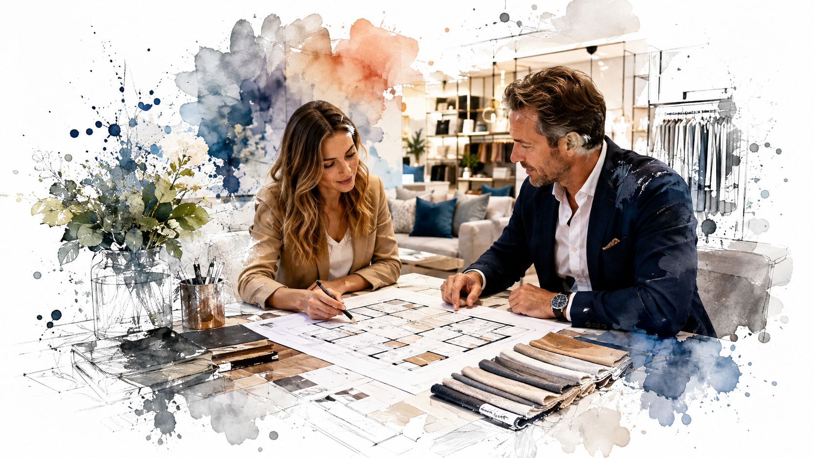 An interior designer and a client reviewing architectural floor plans and fabric swatches in a showroom.