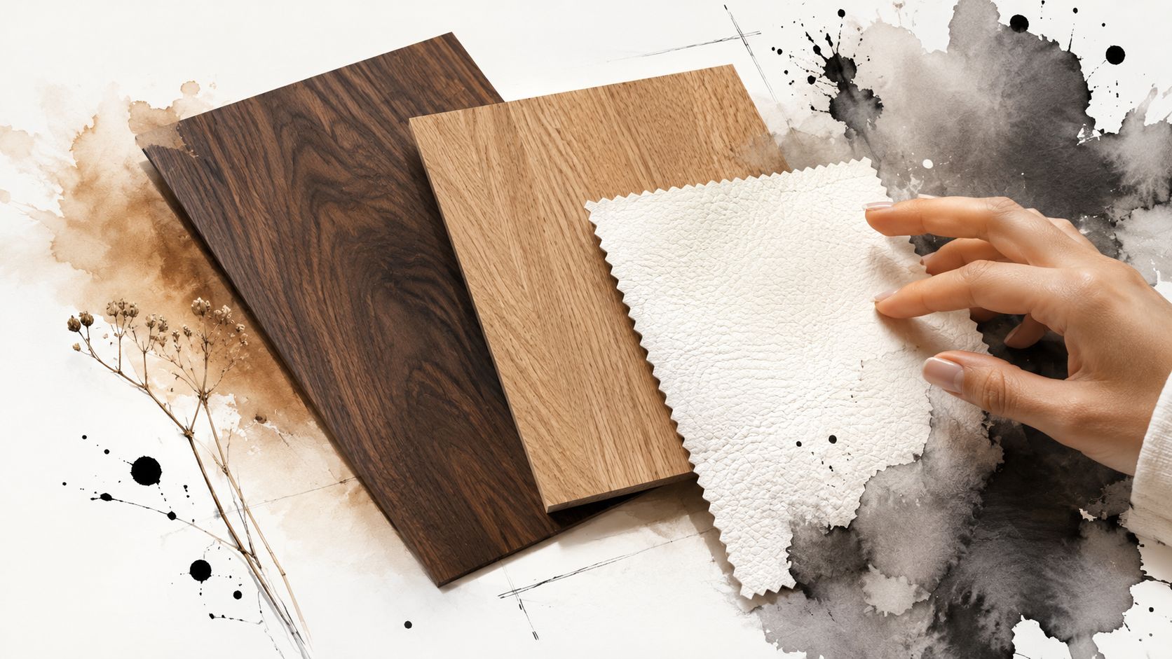 A hand touching a textured white fabric sample placed over wood veneer swatches with artistic ink splatters.