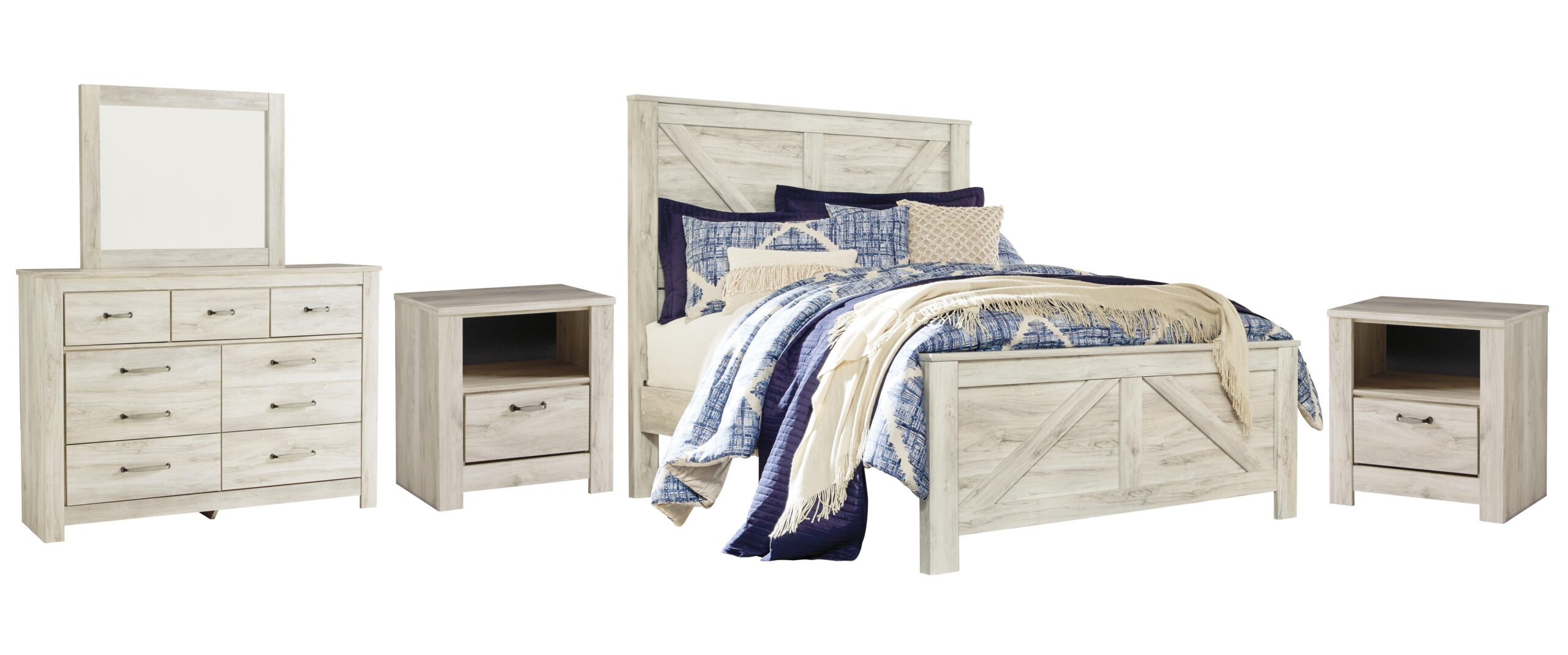 dadfd96c522b3a045edd698476ca5530 Bellaby Queen Crossbuck Panel Bed, Dresser, Mirror and 2 Nightstands - Image 1