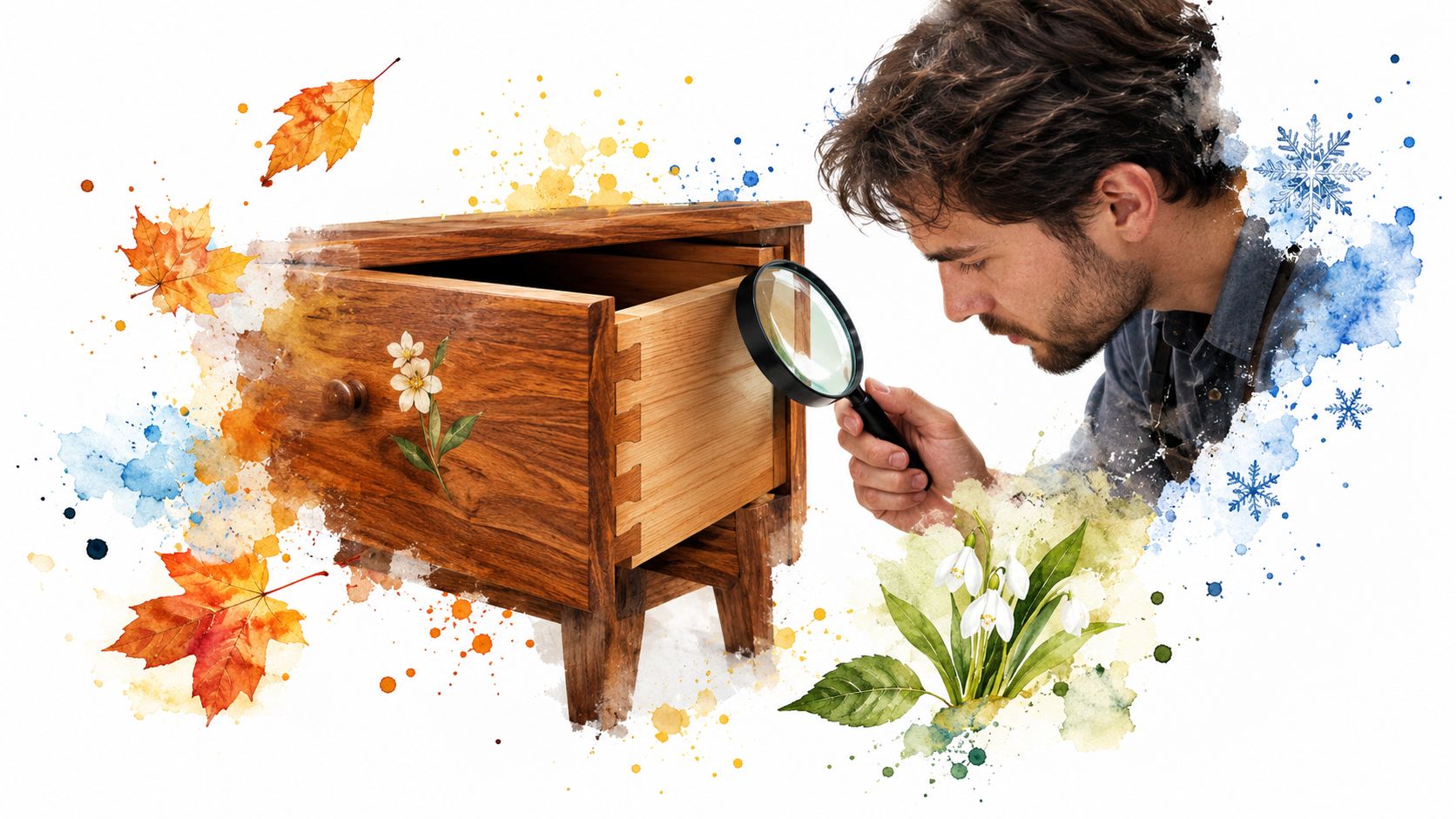 A craftsman examines a solid wood drawer joint closely with a magnifying glass against a creative background.