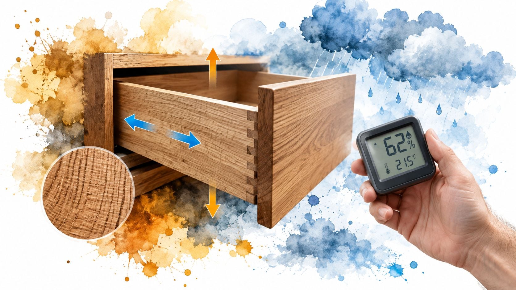 A hand holds a digital hygrometer showing moisture levels next to a solid wood drawer under stress.