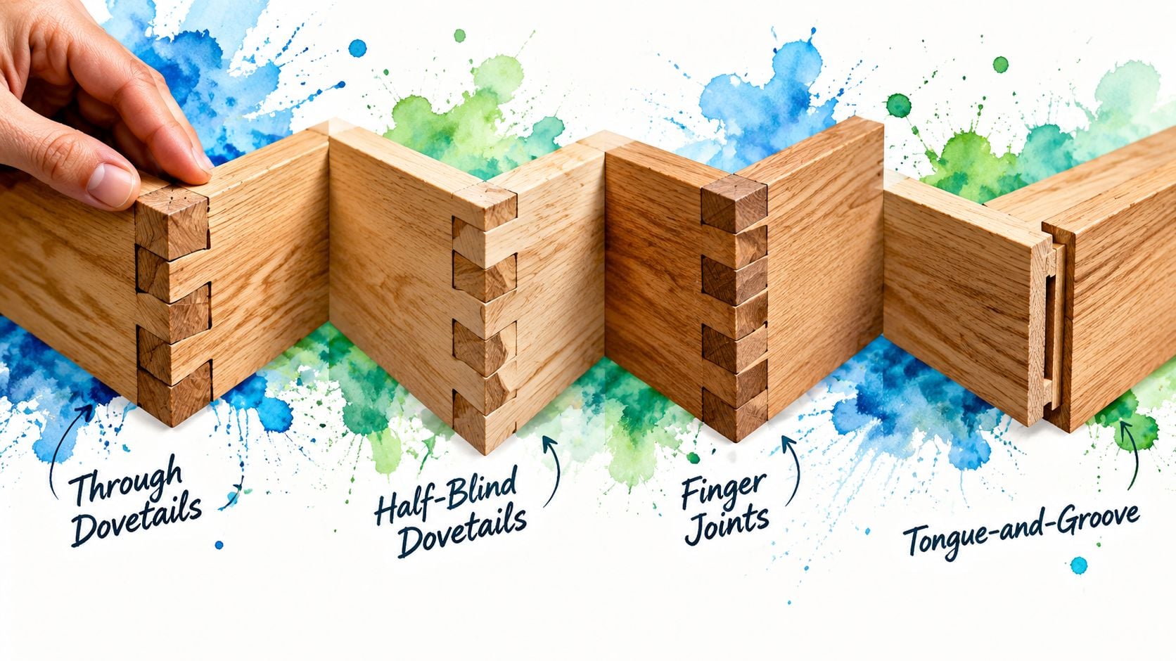 A hand touches various types of wood joints, including through dovetails, half-blind dovetails, finger joints, and tongue-and-groove.