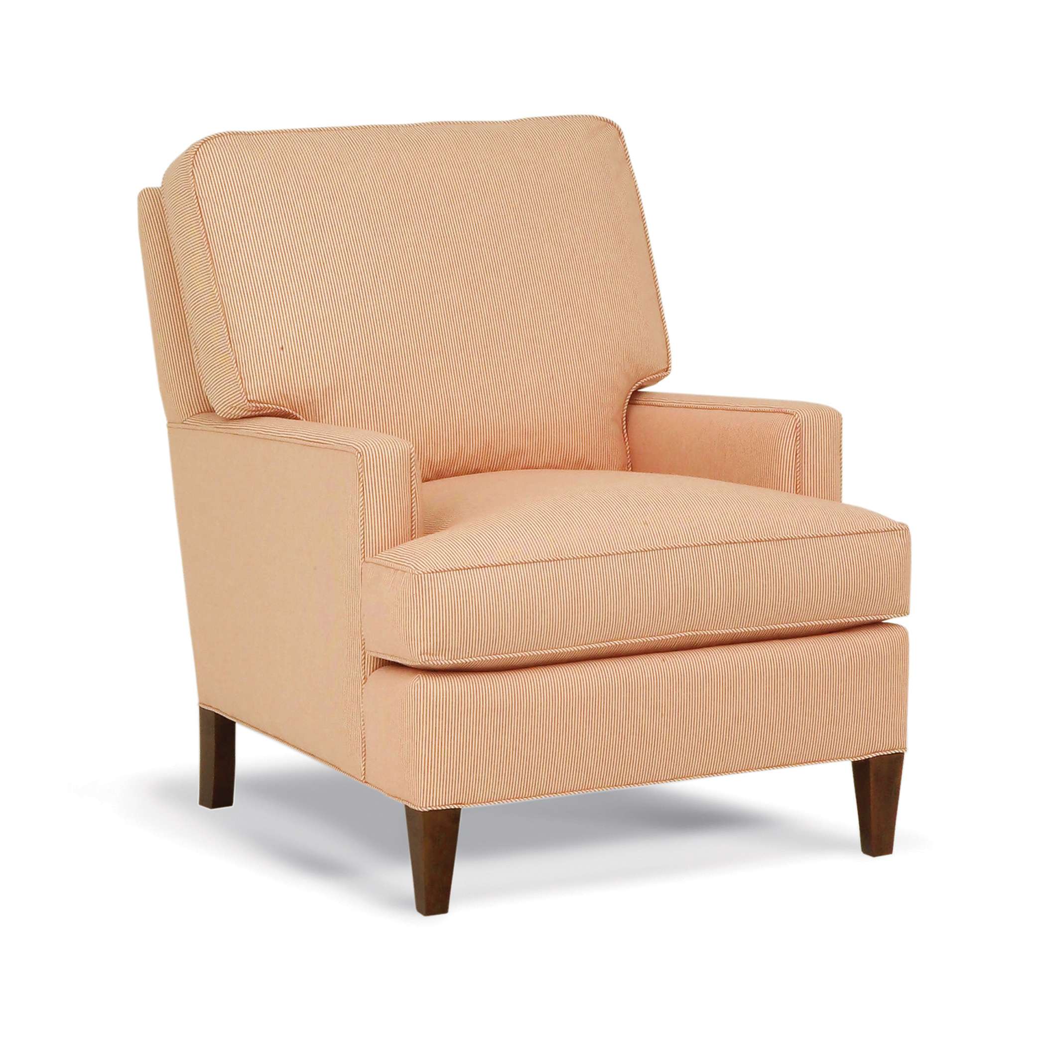 franklin chair Peach pinstriped upholstered armchair with dark wood legs.