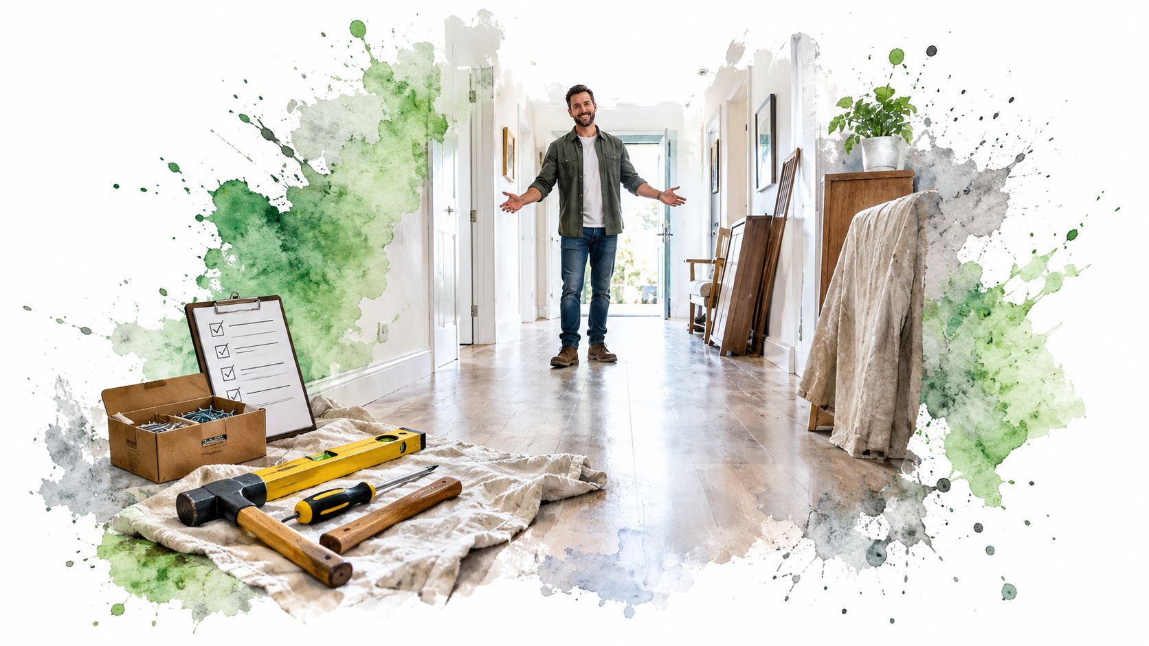 A friendly man standing in a home hallway with furniture assembly tools and a checklist nearby.