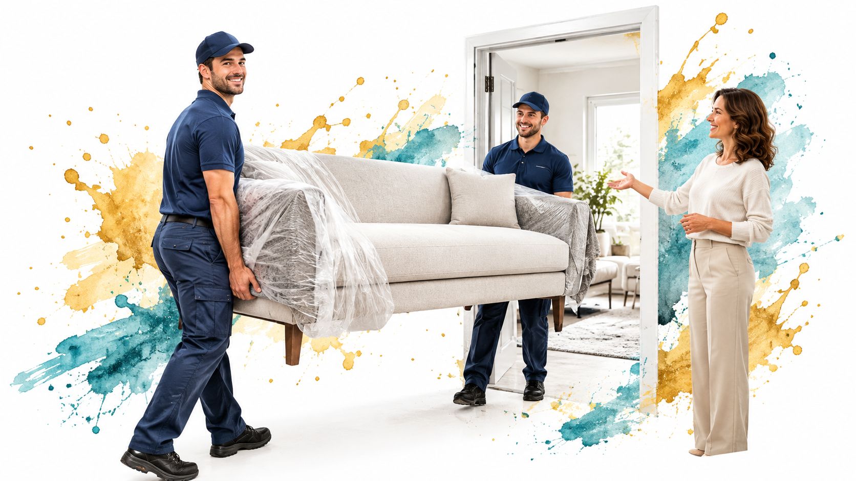 Two professional movers in uniform carry a wrapped grey sofa into a home as a woman greets them.