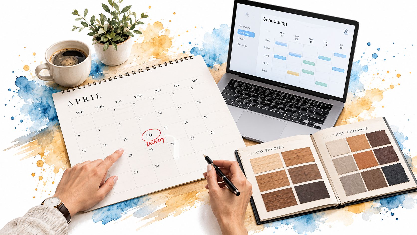 A person plans a furniture delivery date on a calendar next to a laptop and samples.
