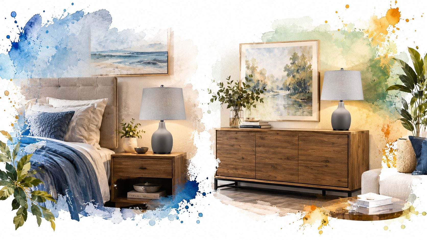 Elegant bedroom featuring two matching gray table lamps, wooden furniture, and artistic watercolor style accents.