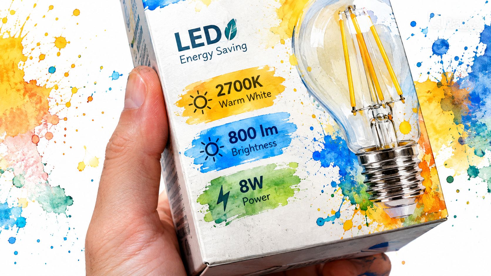 A hand holding a box for an LED energy-saving light bulb with warm white color specifications.