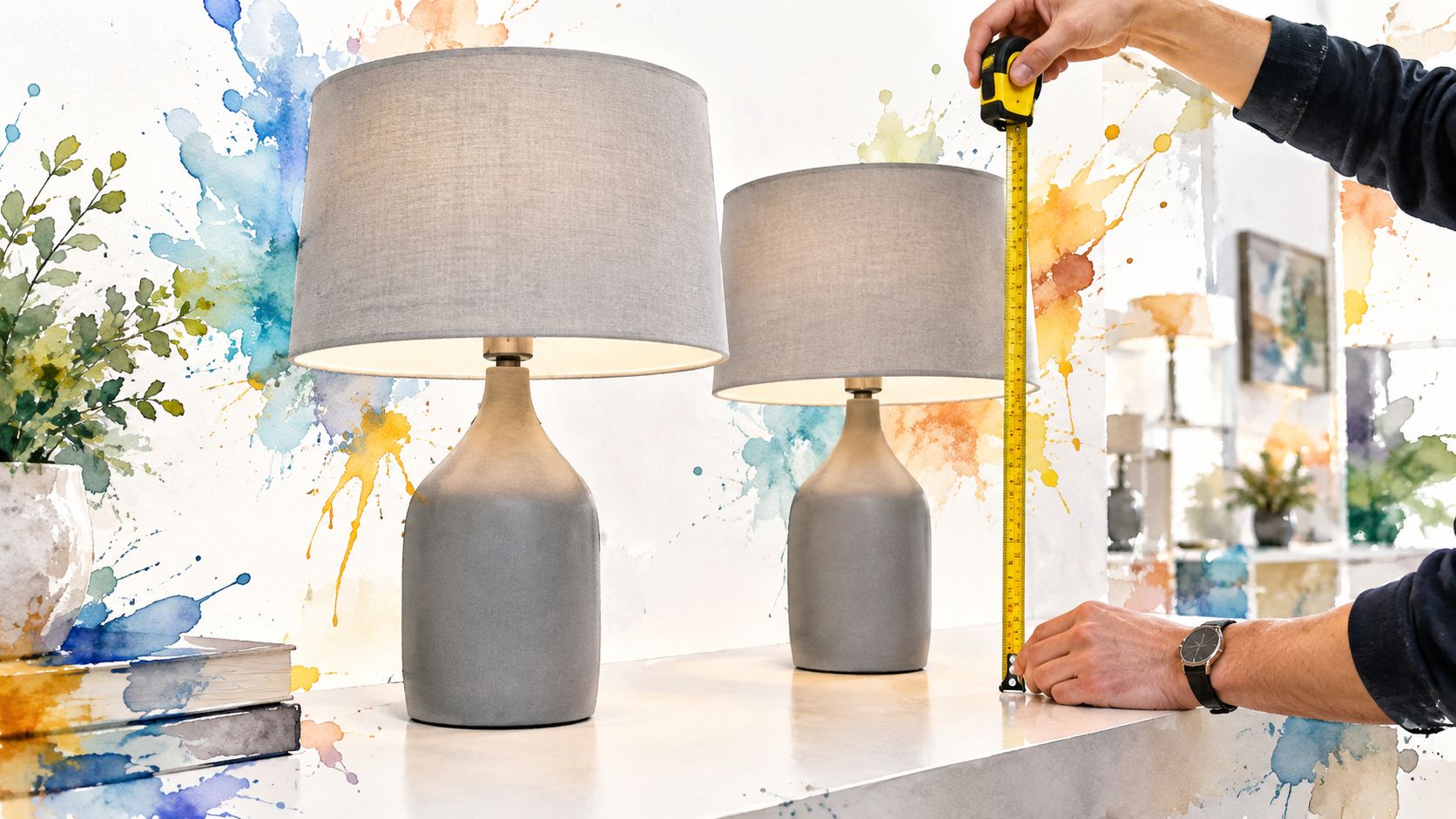A person measures the height of two modern gray table lamps with a yellow tape measure.