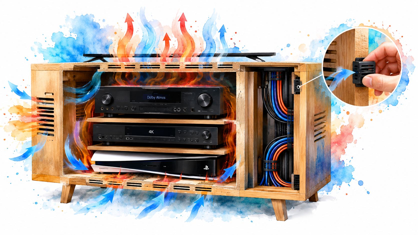 A wooden home entertainment cabinet showing airflow and ventilation for gaming consoles and electronic audio equipment.