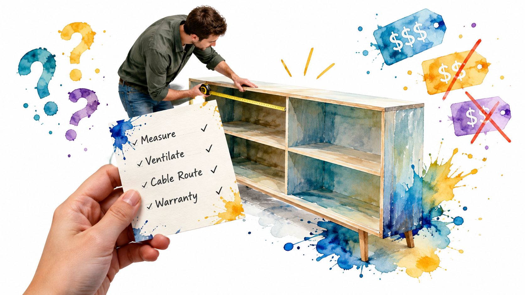 A person measuring a wooden home entertainment furniture cabinet while holding a checklist of installation tips.