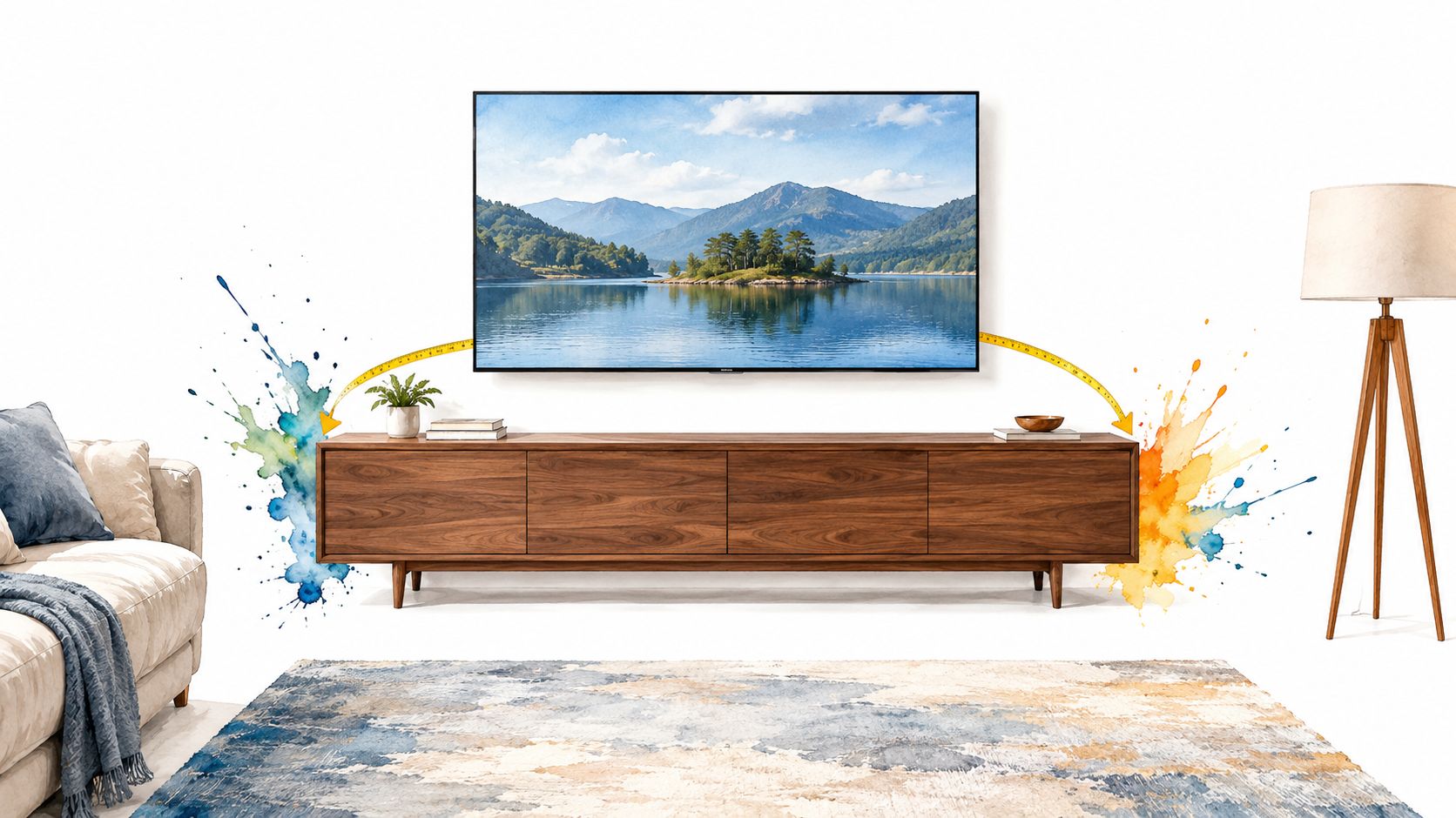 A modern wall-mounted television above a wooden sideboard cabinet in a living room with decorative paint splatters.