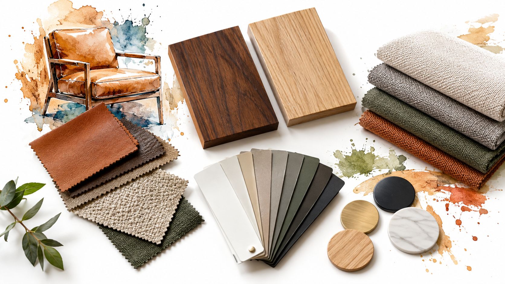 A professional interior design mood board featuring leather samples, wooden swatches, fabric textures, and color palettes.