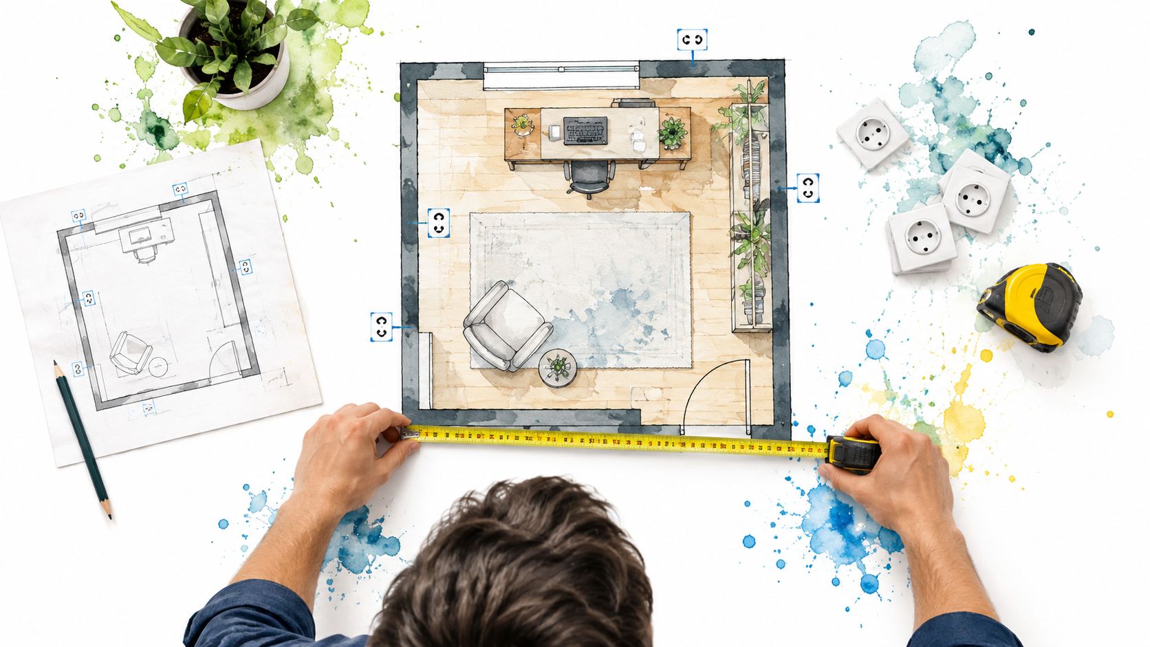 A person measuring a watercolor floor plan of a home office with contemporary furniture using tape.