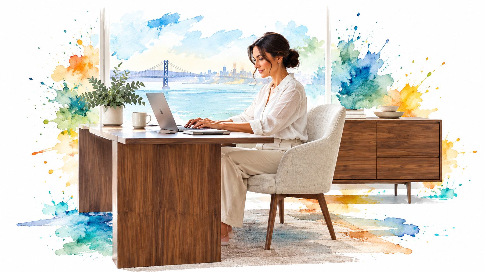A woman working on a laptop at a contemporary desk in a home office with a scenic view.