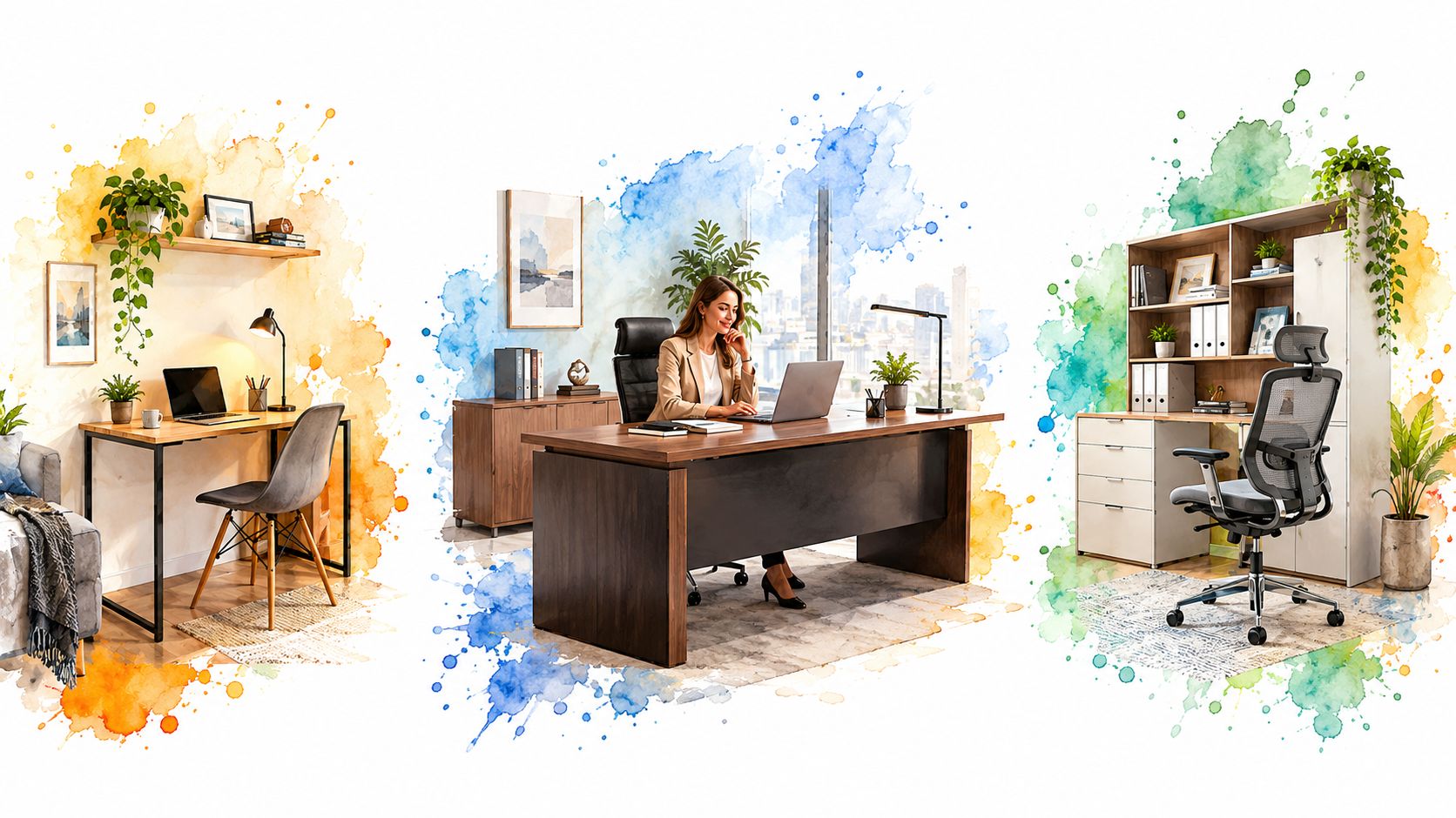 Three distinct contemporary home office setups featuring stylish wooden desks, ergonomic chairs, and vibrant watercolor artistic backgrounds.