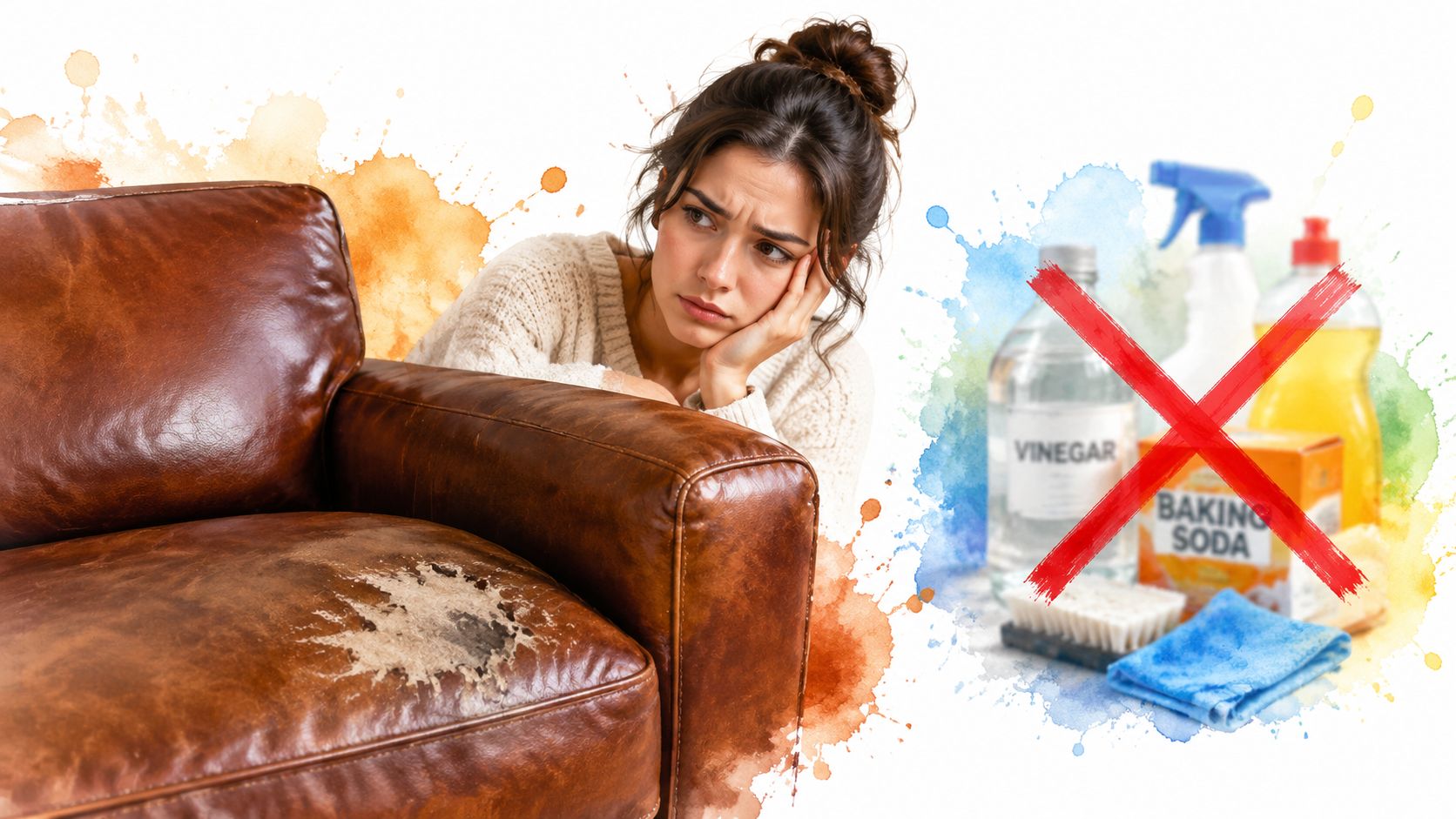 A concerned woman looks at a damaged leather sofa, indicating improper cleaning products should not be used.