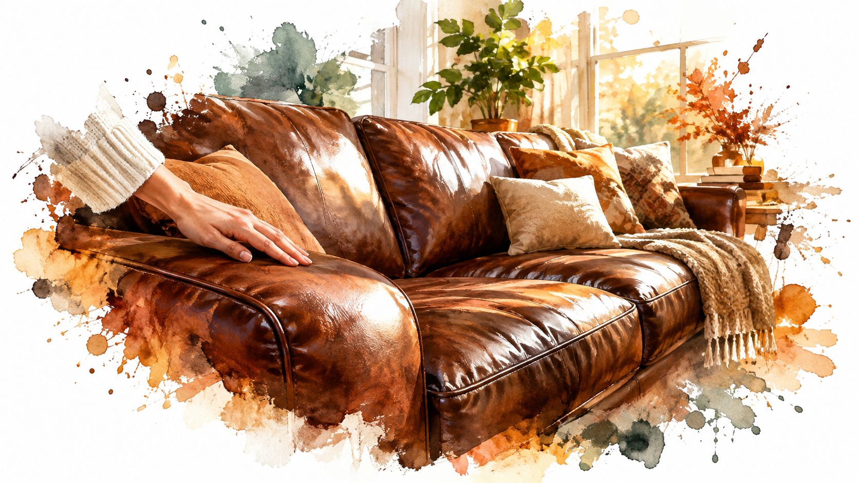 A hand touching a luxurious brown leather sofa in a bright, cozy living room filled with plants.