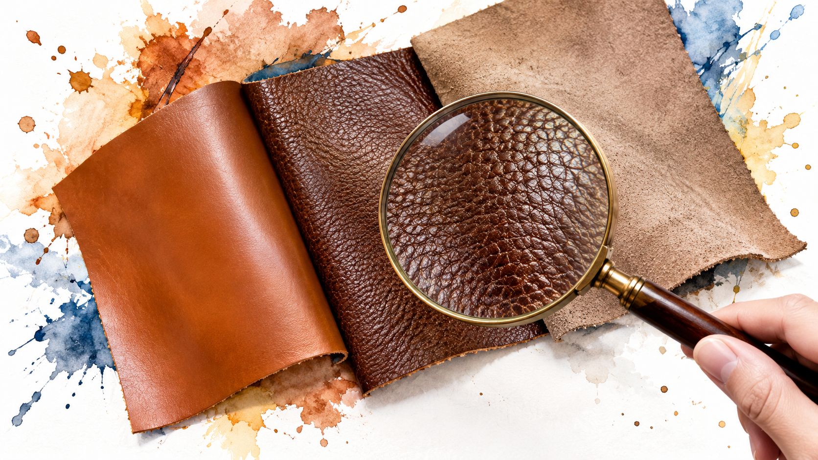 A magnifying glass inspecting the texture of premium brown leather samples on a watercolor paint background.
