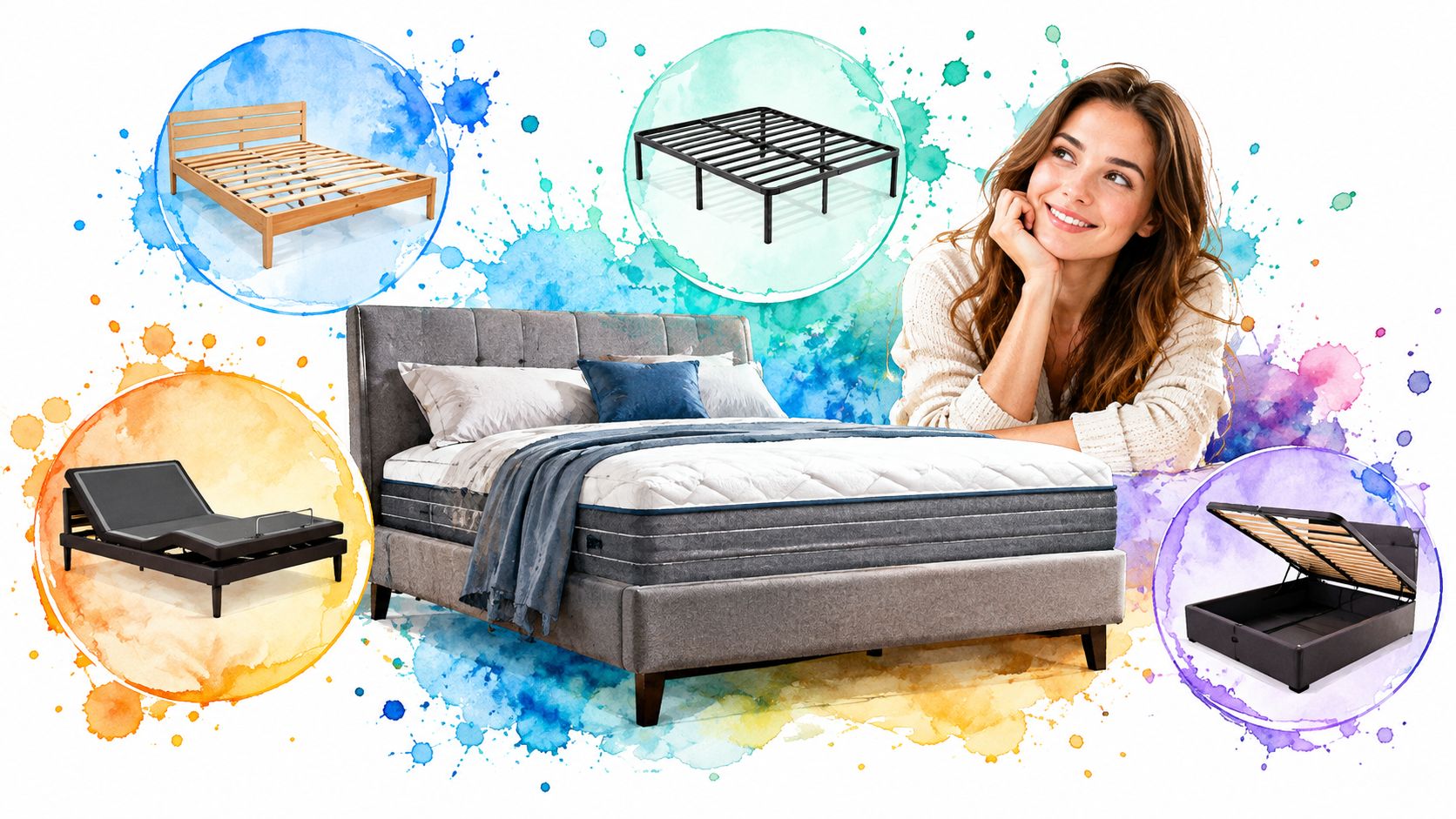 A smiling woman resting her head on her hand near a large grey upholstered bed with various bed base options.