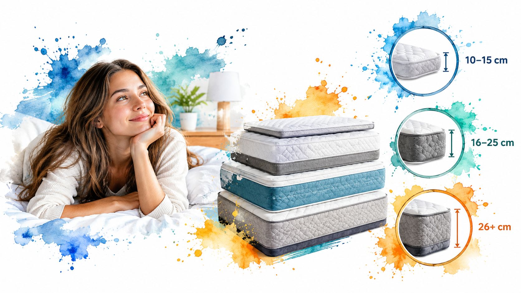 A woman rests on a bed next to a stack of mattresses with size categories shown.