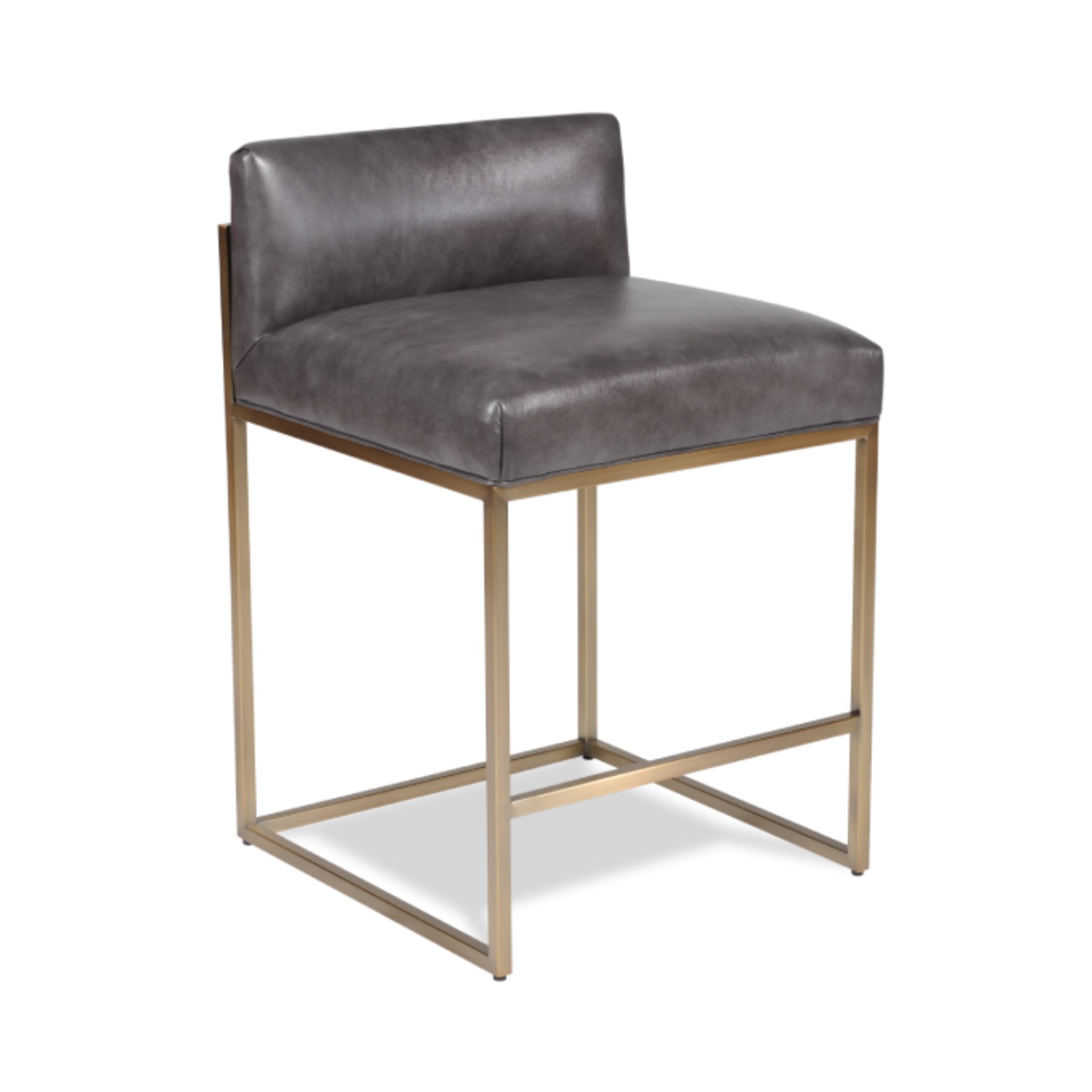 maxwell stool Modern gray leather counter stool with gold metal base.