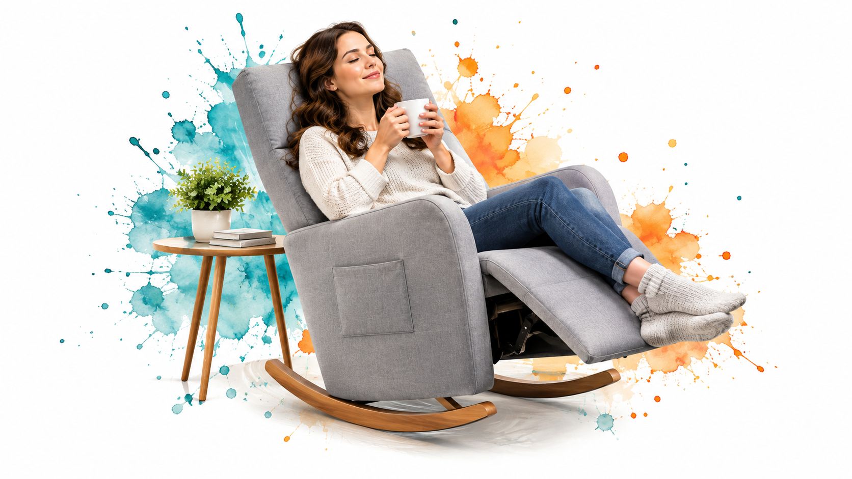 A woman relaxing in a modern gray rocker recliner while holding a mug in a cozy home setting.