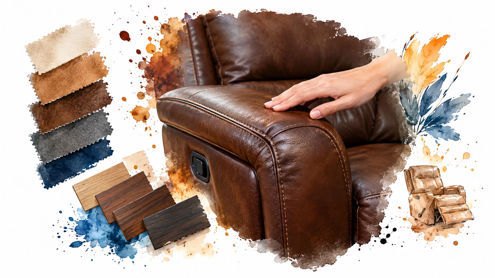 A hand touching a luxury brown leather rocker recliner chair with fabric and wood finish samples displayed.
