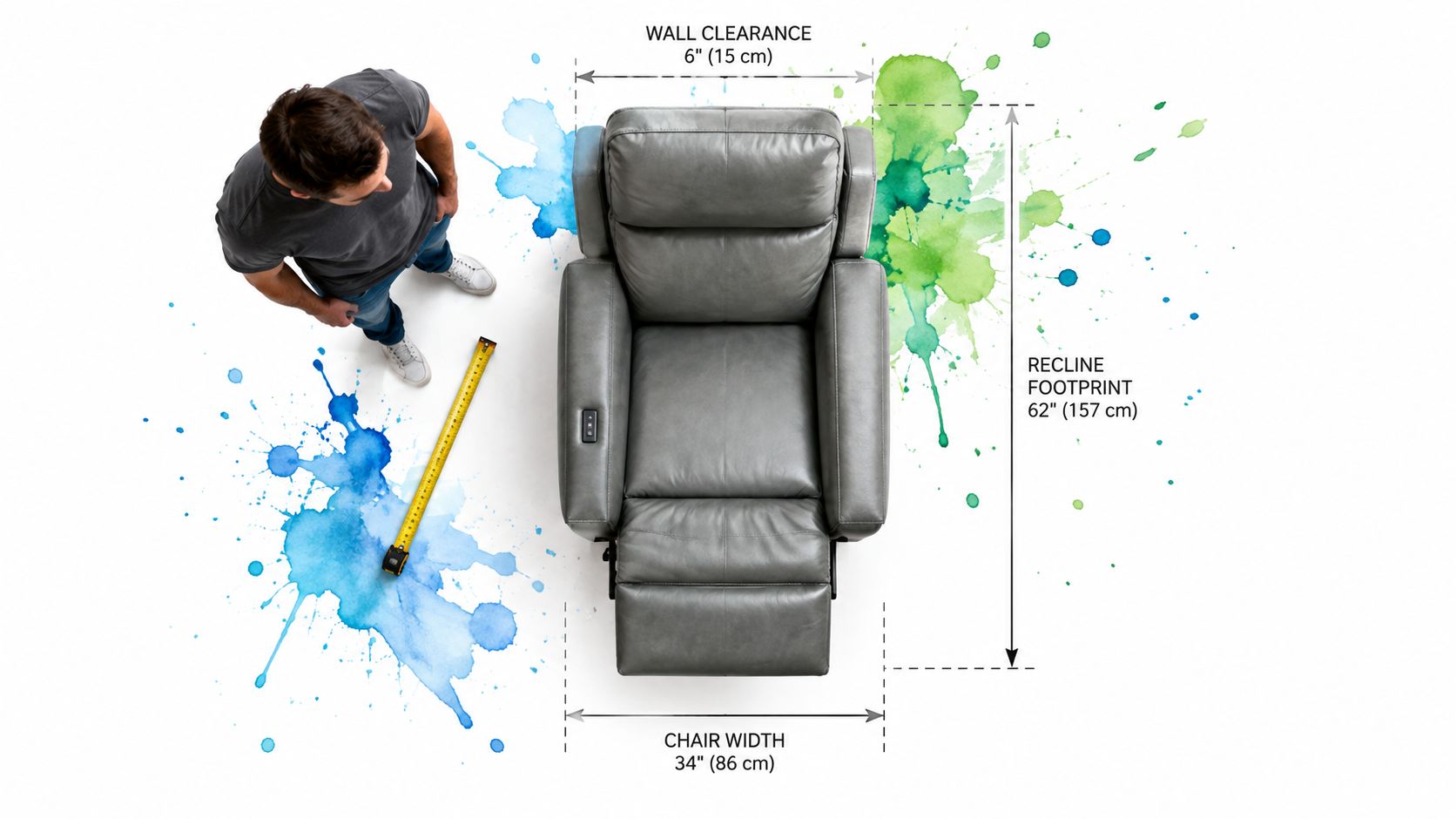 Top-down view of a modern gray leather recliner with labels indicating its width, wall clearance, and recline footprint.