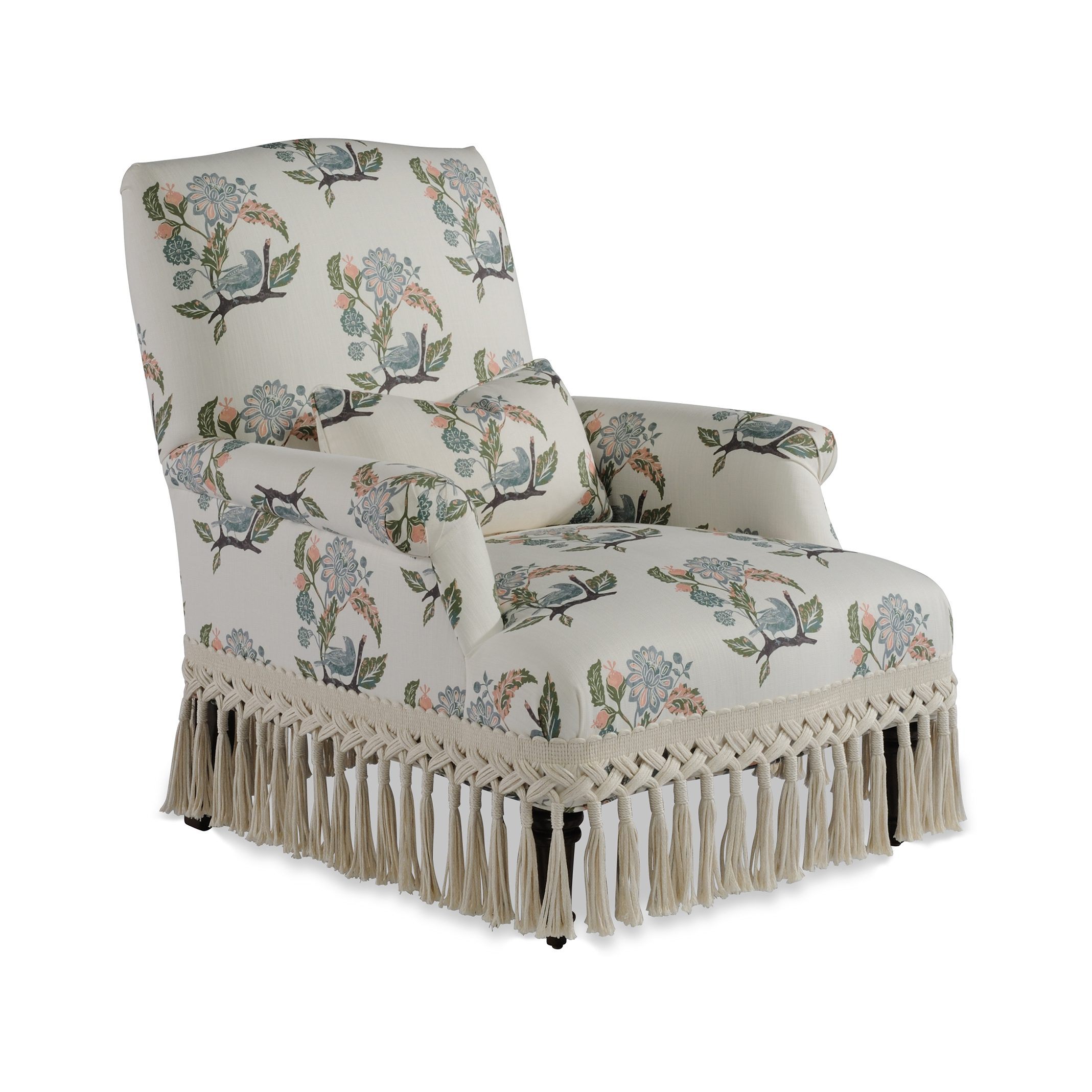 napoleon chair Floral and bird print armchair with long fringe skirt.