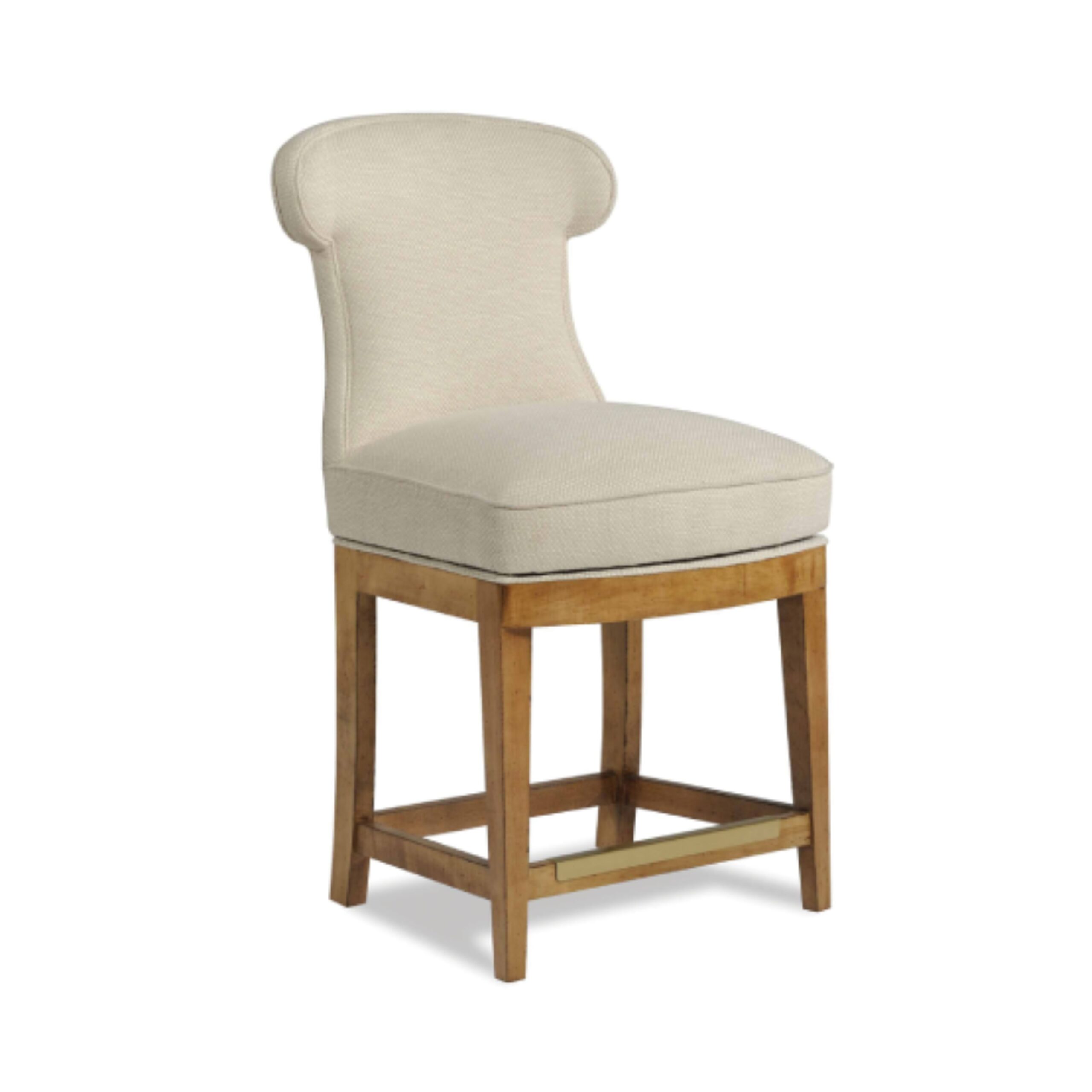 natalie swivel stool Upholstered cream counter stool with light wood frame.
