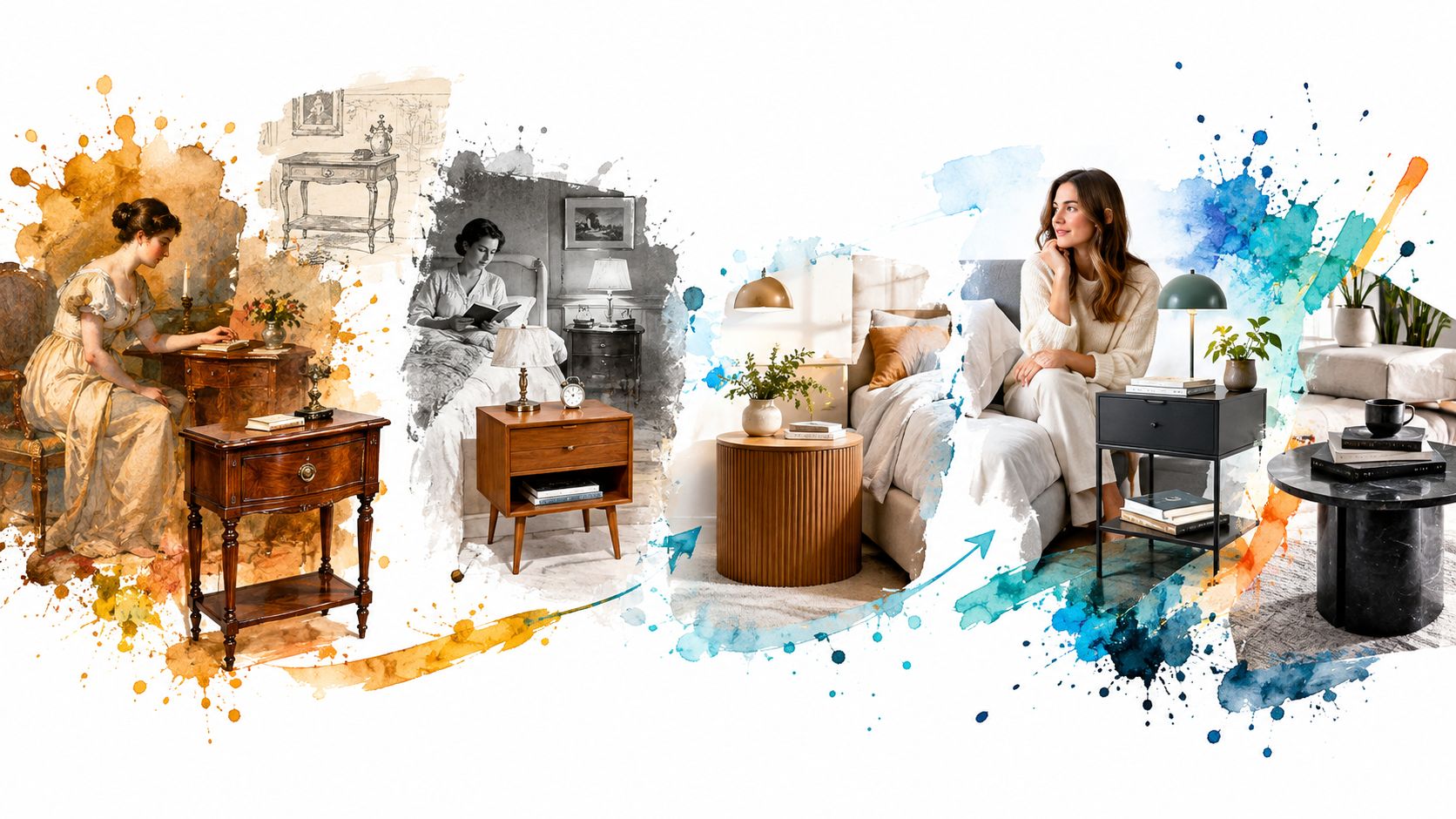 A collage showing the evolution of bedside furniture styles from vintage tables to modern minimalist nightstands.