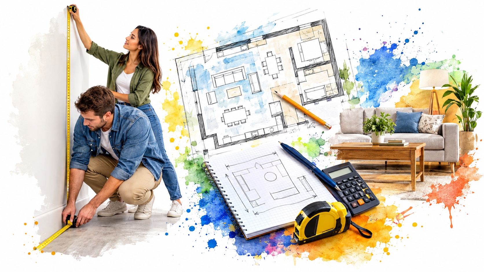 A couple measuring a wall for home renovation planning with blueprints, a calculator, and tape measures nearby.