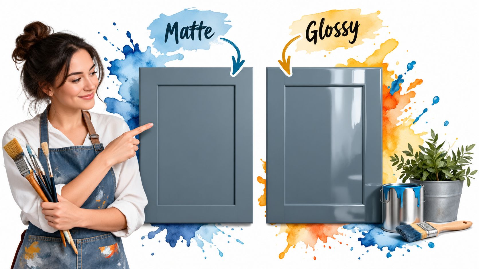 A woman artist holding brushes points to two cupboard door samples showing matte and glossy paint finishes.