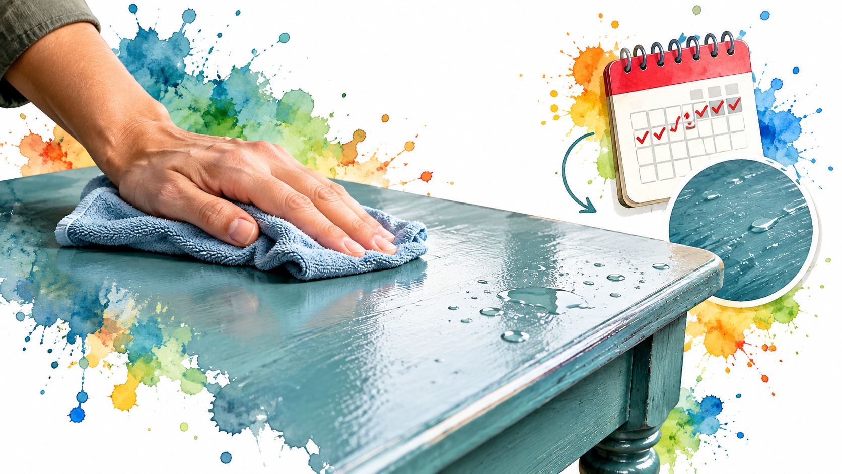 A hand wipes down a freshly painted teal wooden table surface with a blue cloth.