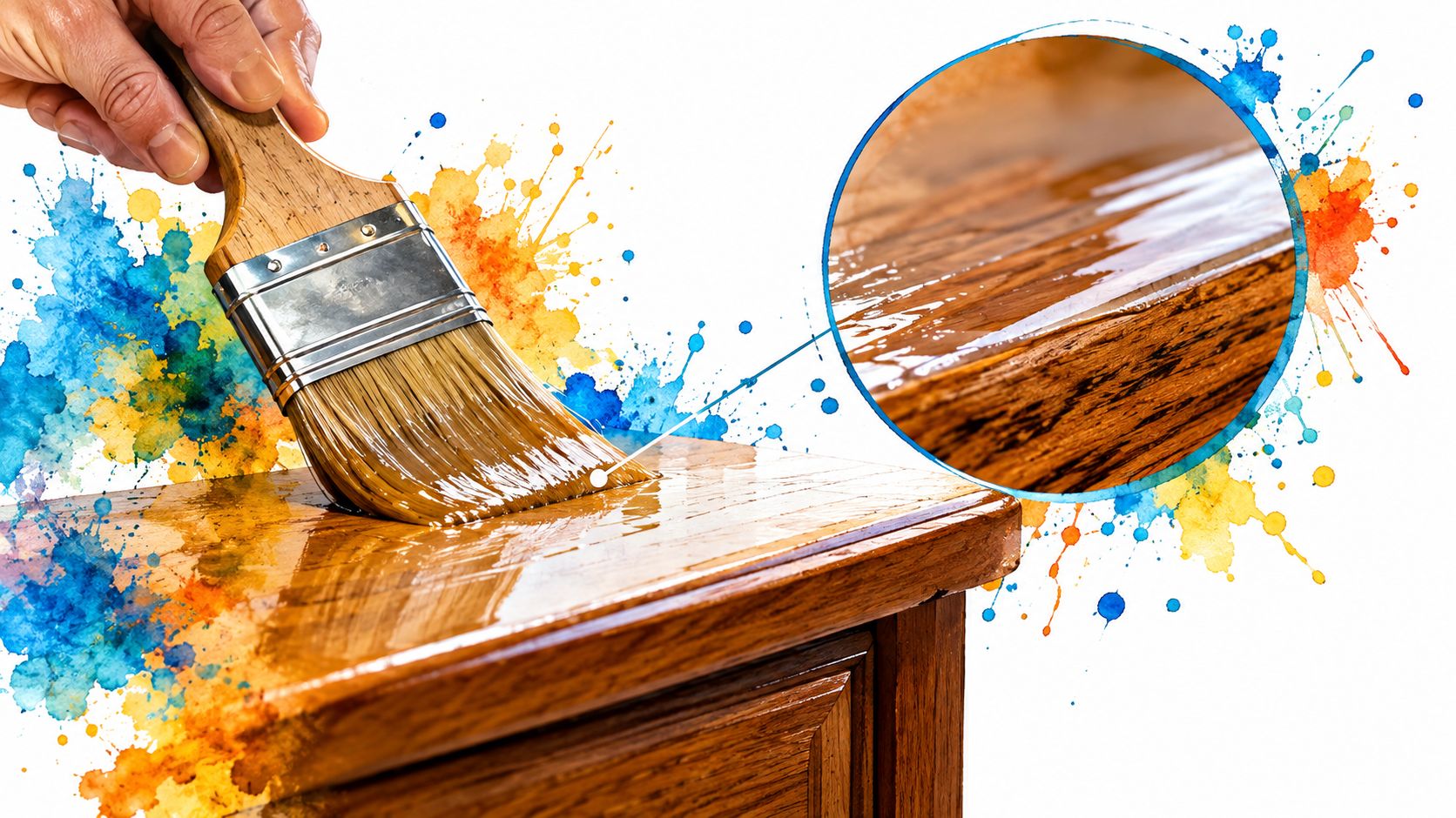 A hand uses a paintbrush to apply a glossy finish to a wooden furniture surface.