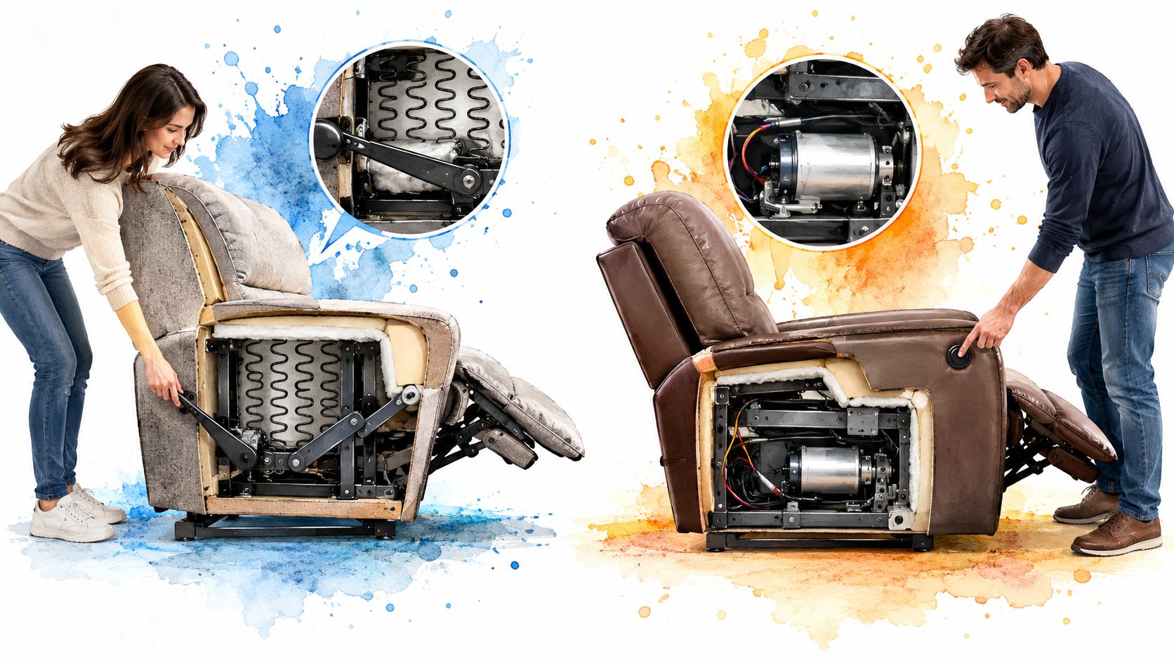 A split image comparing a manual lever-operated recliner with a modern electric motorized power recliner.