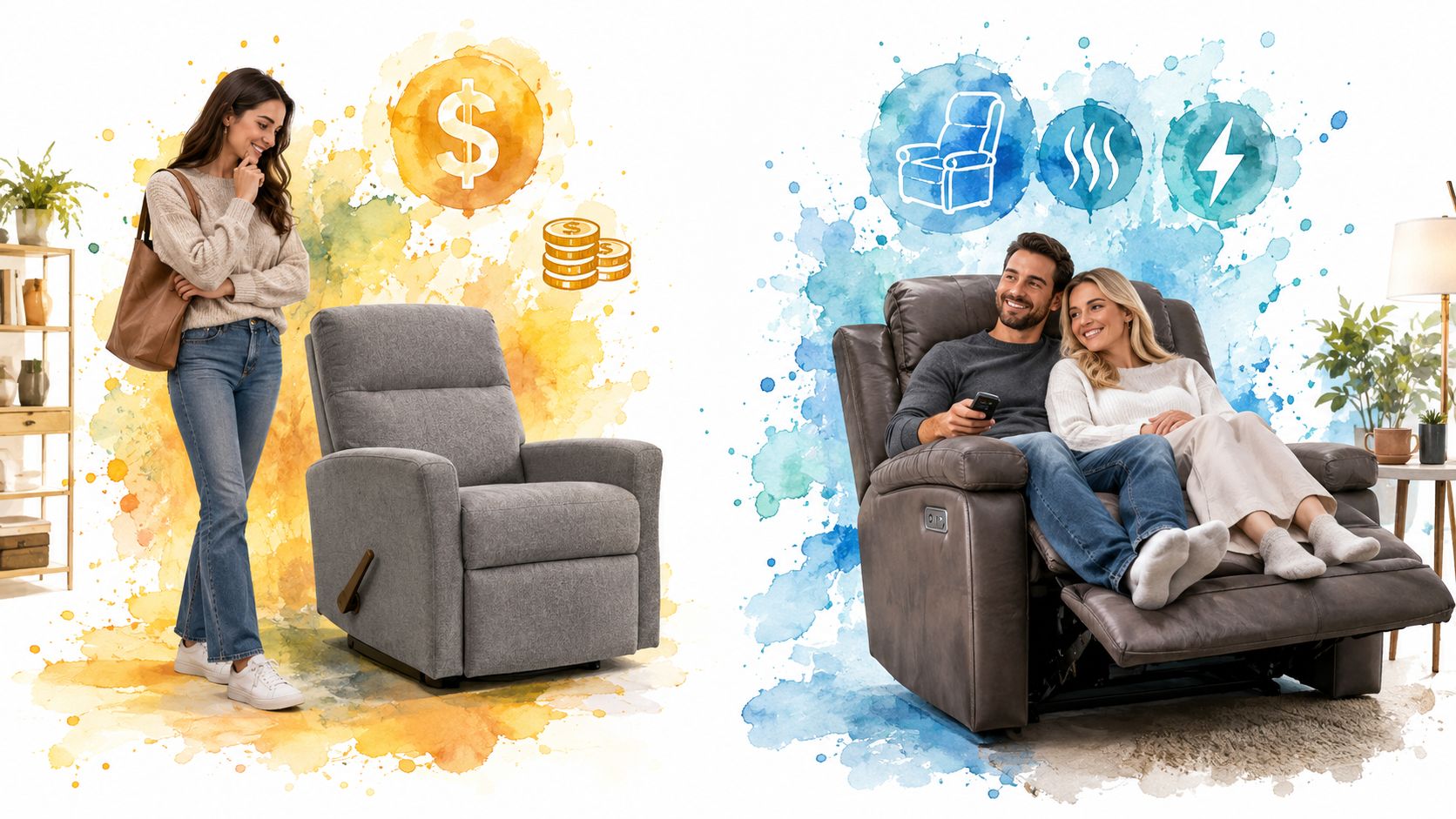 A split image contrasting a budget manual recliner and a high-end luxury power recliner for home.